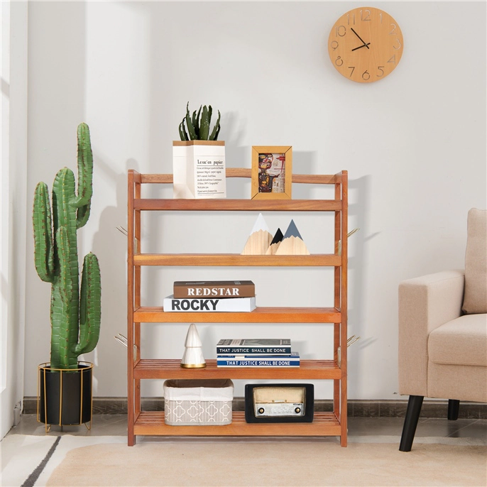 Glintex 5-Tier Acacia Wood Shoe Rack with Side Metal Hooks and Top Handle, Natural