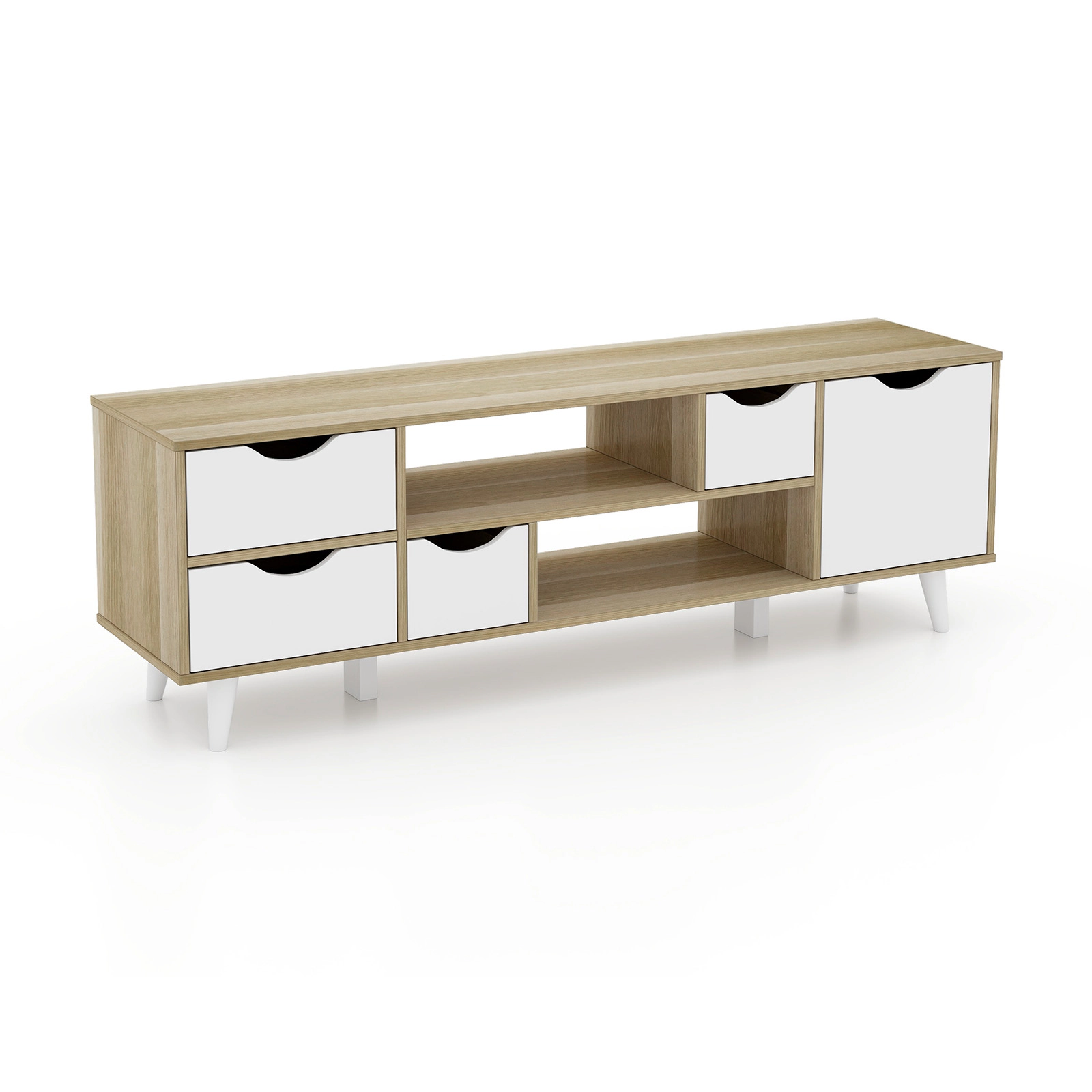 SUGIFT Oak TV Stand for TVs Up to 55 in, Media Console with 4 Drawers and 2 Open Shelves