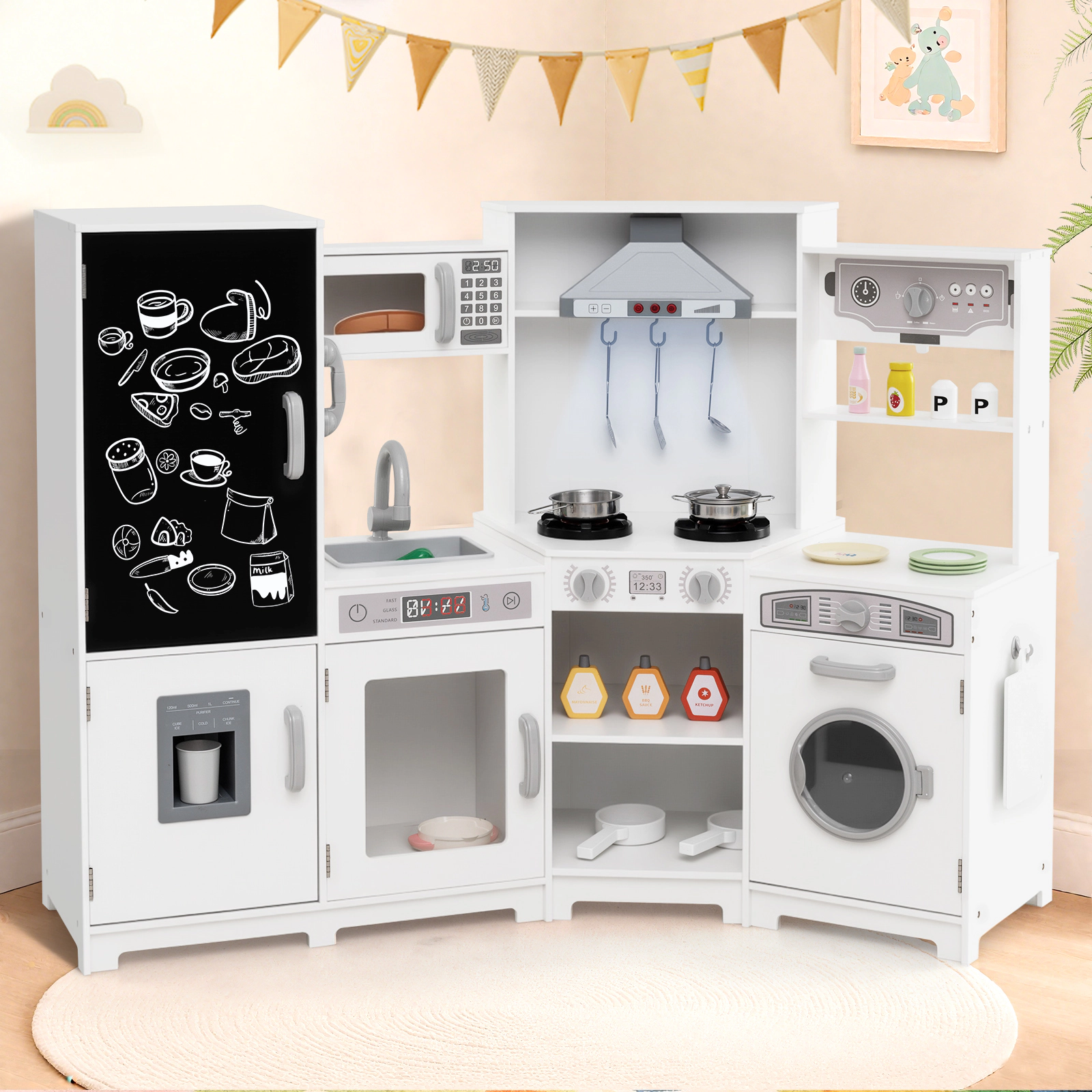 SUGIFT Corner Wooden Play Kitchen Lights & Sounds Large Pretend Play Kitchen Set 52-in Wide Ages 3+ White Espresso Pink