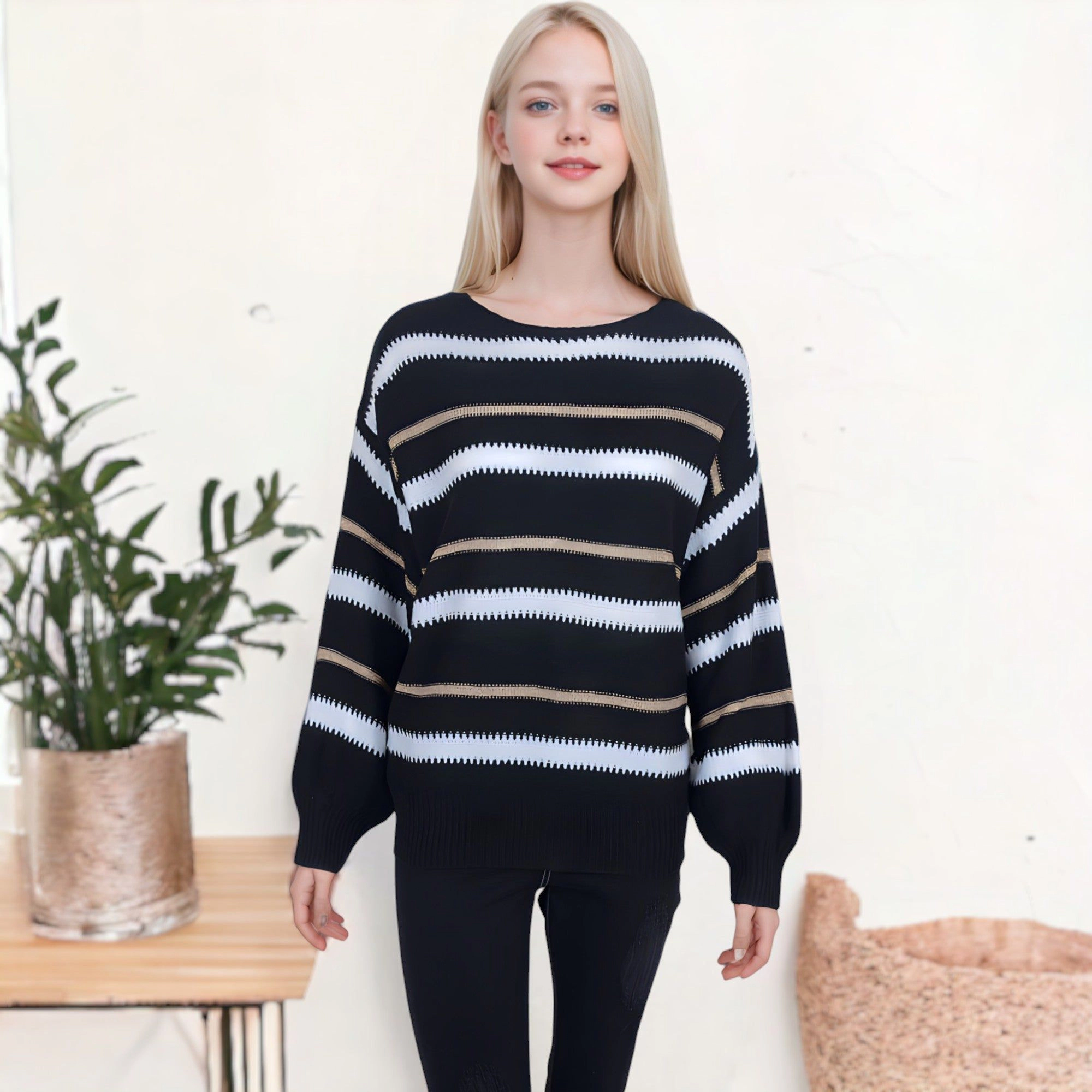 Anna-Kaci Women's Sweaters Long Sleeve Crew Striped Oversized Knitted Pullover Tops for Everyday Wear