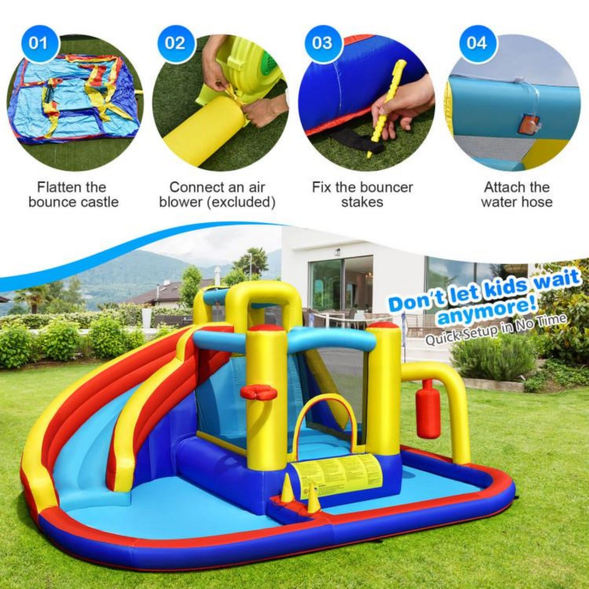 SUGIFT 7-in-1 169.5-in Inflatable Water Slide Bounce Castle with Splash Pool and Climbing Wall for Yard