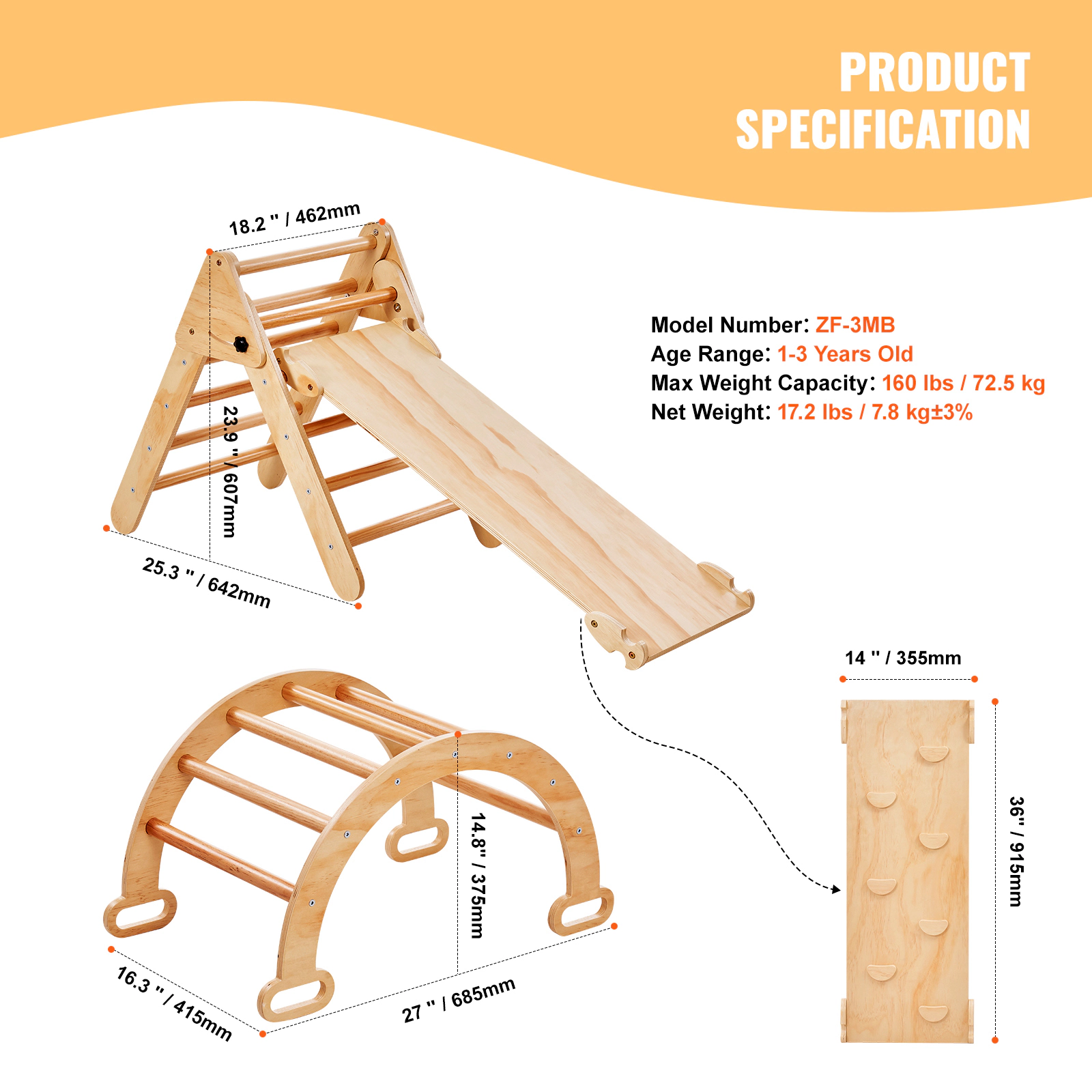 HONGGE Pikler Triangle Set 5 in 1 Toddler Climbing Toys Indoor Playground Ramp and Arch Montessori Climbing Set with