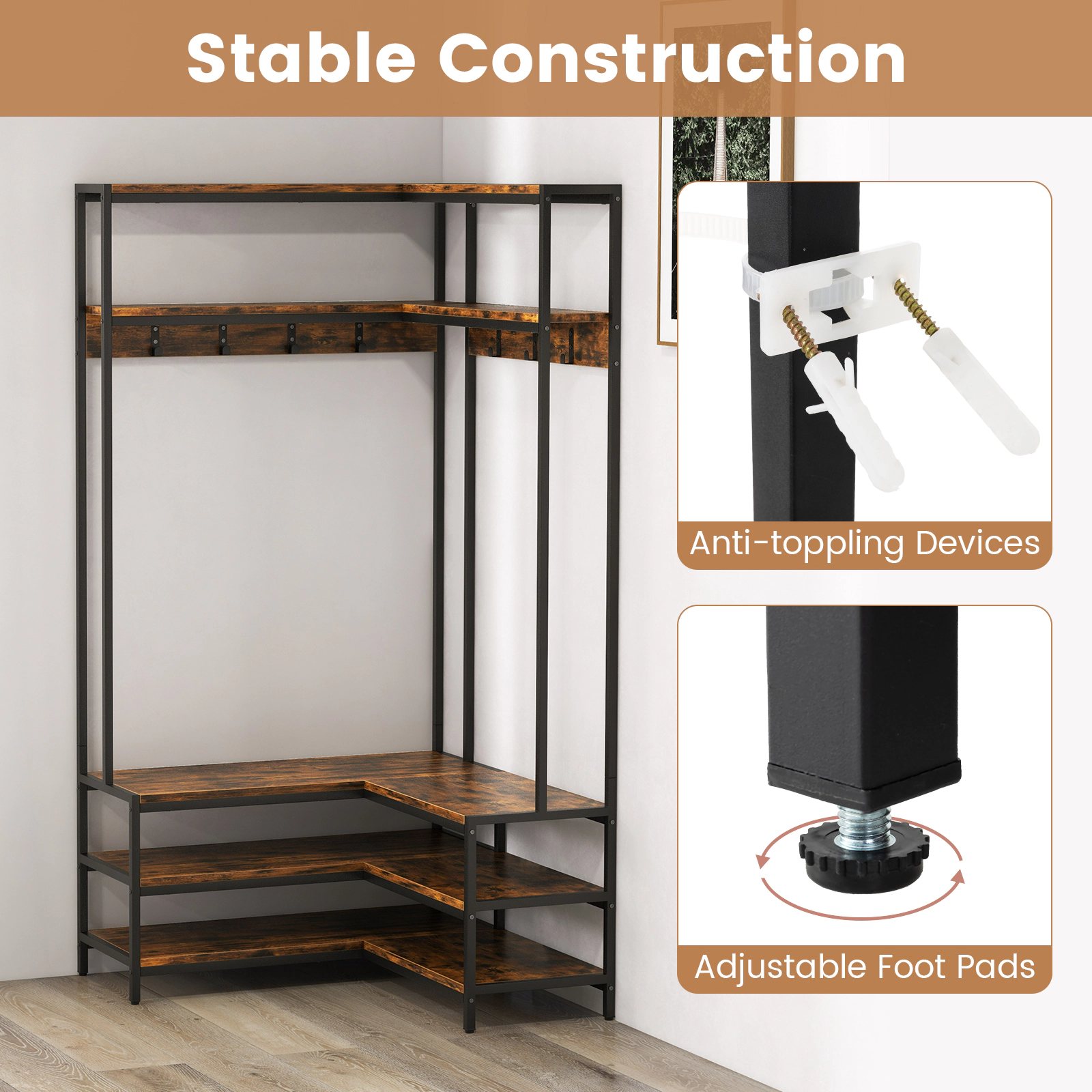 SUGIFT L-Shaped Open Shelves 7 Hooks Corner Garment Rack 35.5-in x 35.5-in x 70-in 200-lb Capacity Rustic Brown