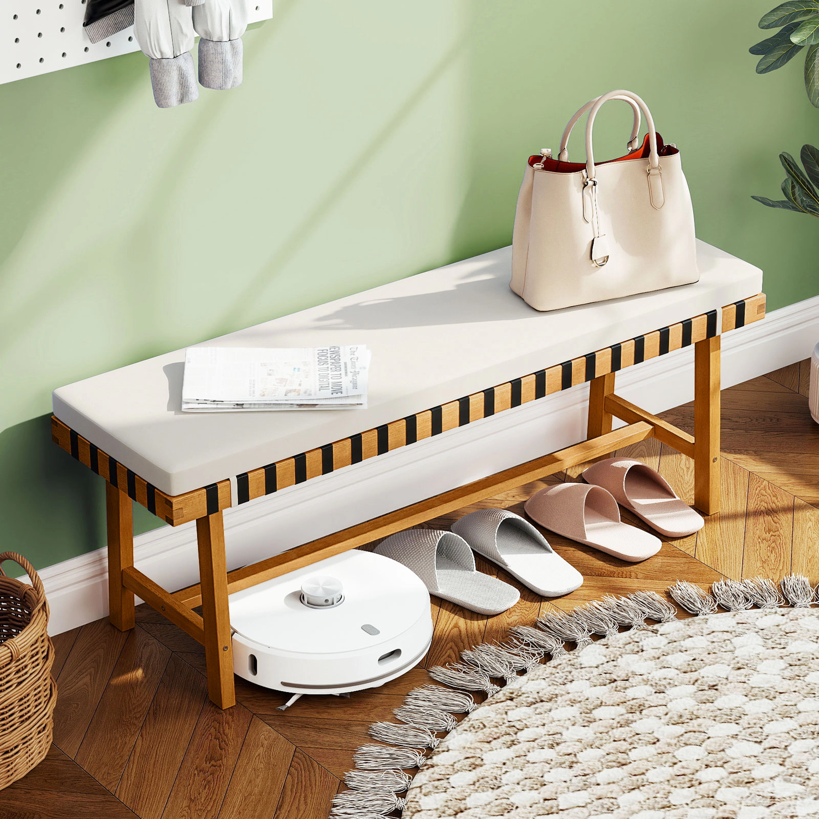 SUGIFT Acacia Wood Outdoor Bench with Woven Rope Seat and Thick Padded Cushion 800-lb Capacity Natural+Off White