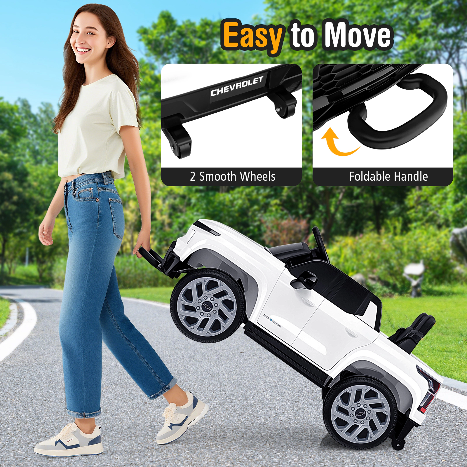 SUGIFT White Remote Control and Storage Cube 12V Licensed Chevrolet Kids Ride On Truck