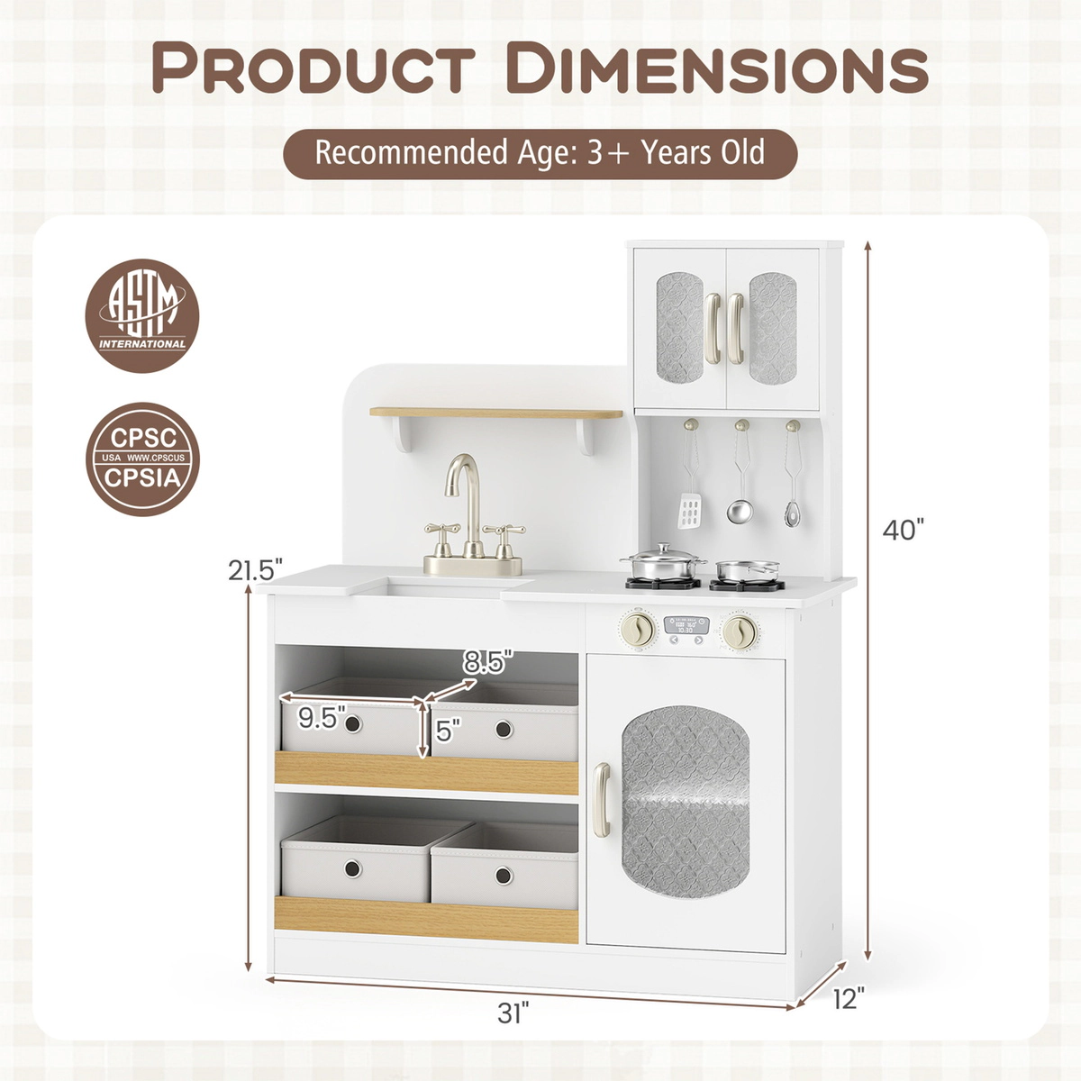 SUGIFT Kids Kitchen Playset with Cooking Accessories and Toy Cuttable Veggies 21.5-in Countertop Ages 3+ White