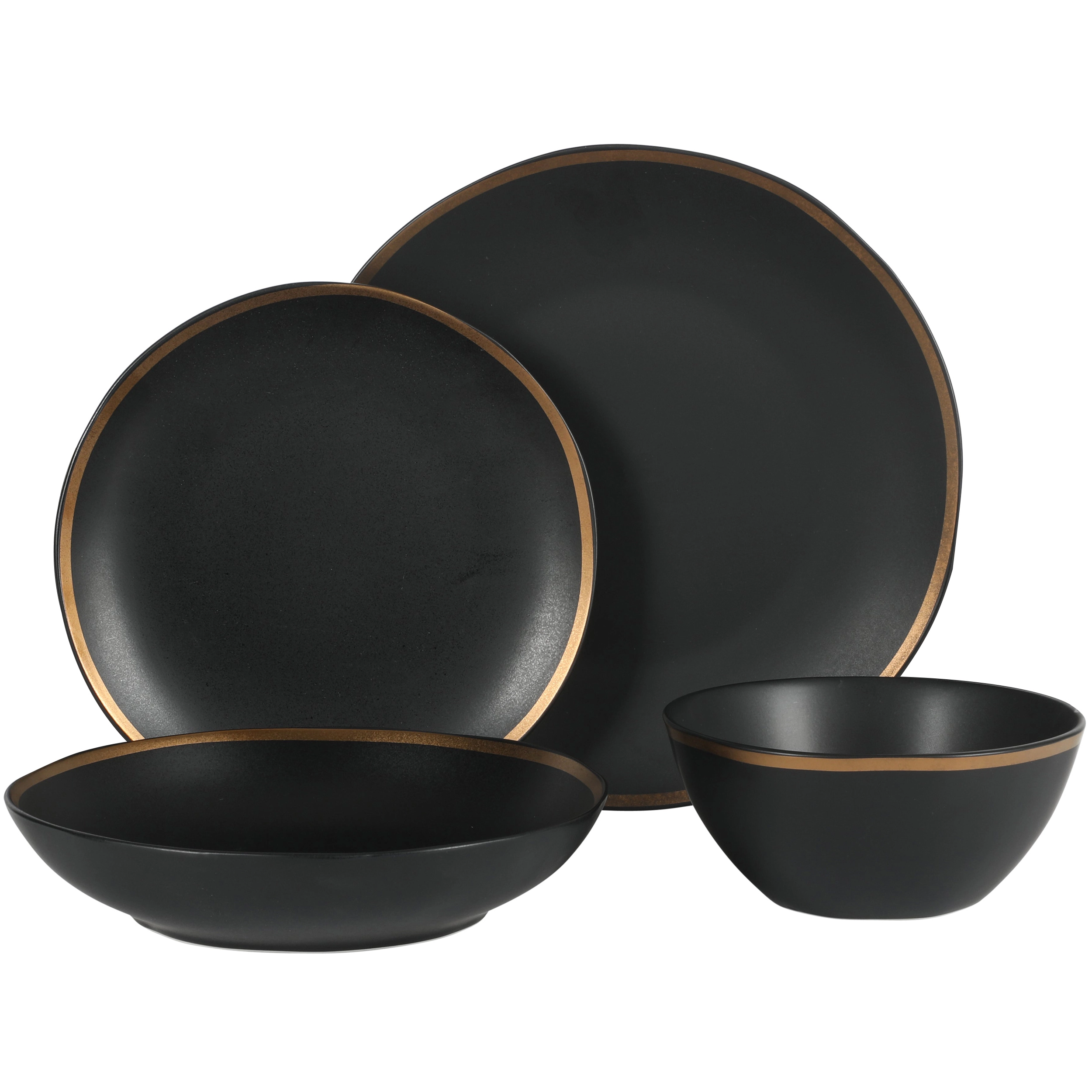 Gibson Elite 16 Piece Kings Road Gold Rimmed Porcelain Double Bowl Dinnerware Set in Matte Black