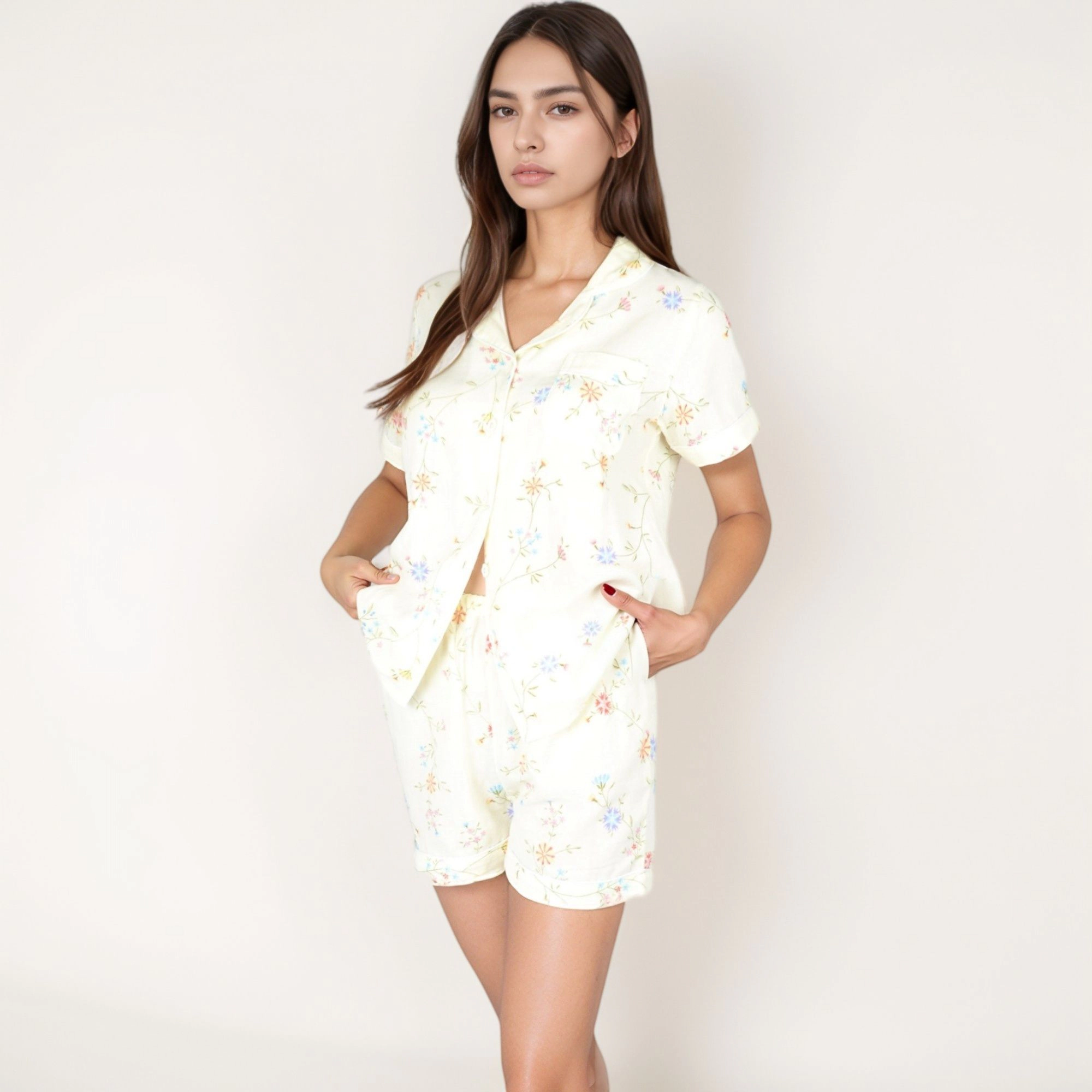 Anna-Kaci Women's Floral Short Sleeve Button Up Pajama Shirt and Lounge Shorts Set with Rolled Cuffs
