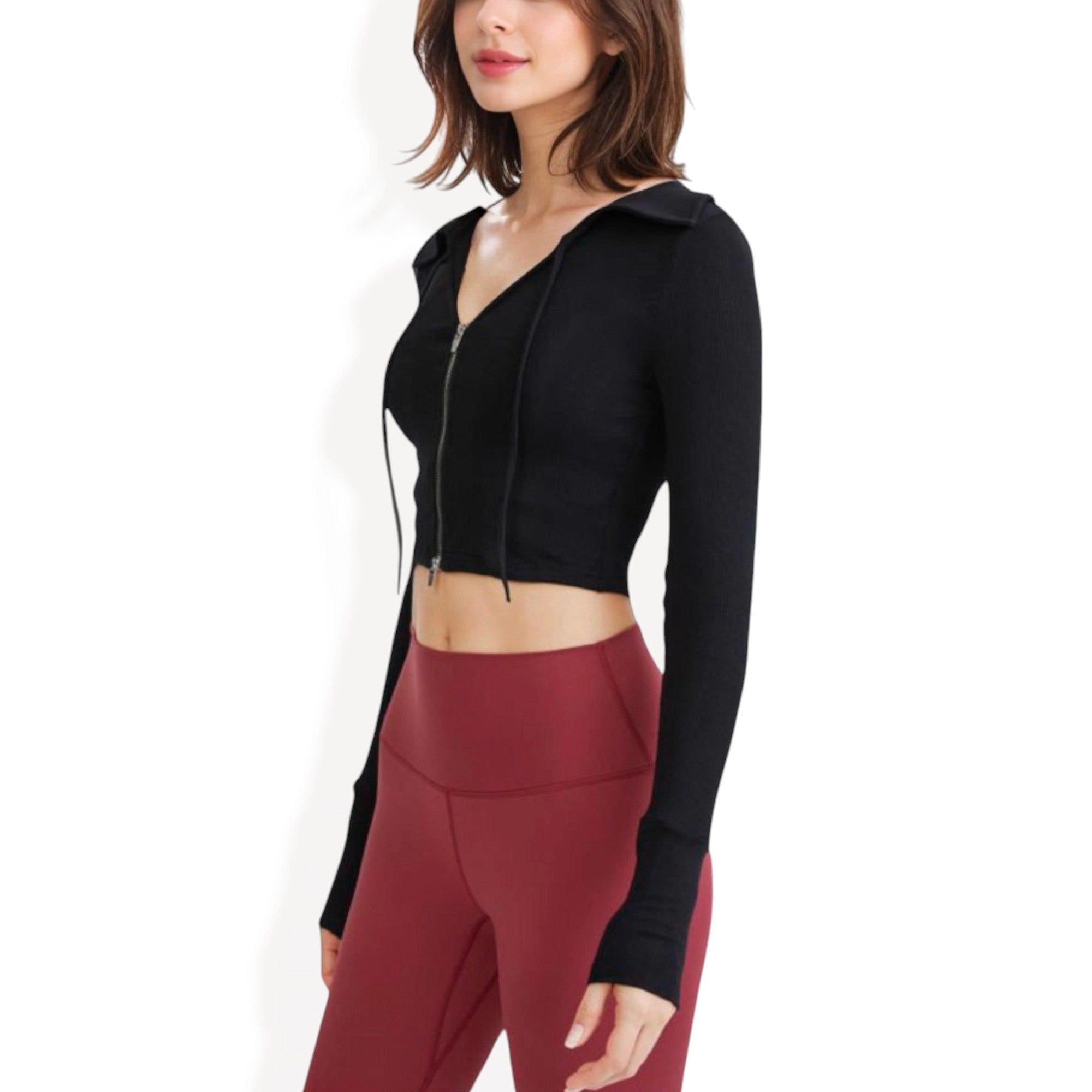 Anna-Kaci Women's Cropped Zip-Up Active Jacket with Ribbed Details and Thumb Holes