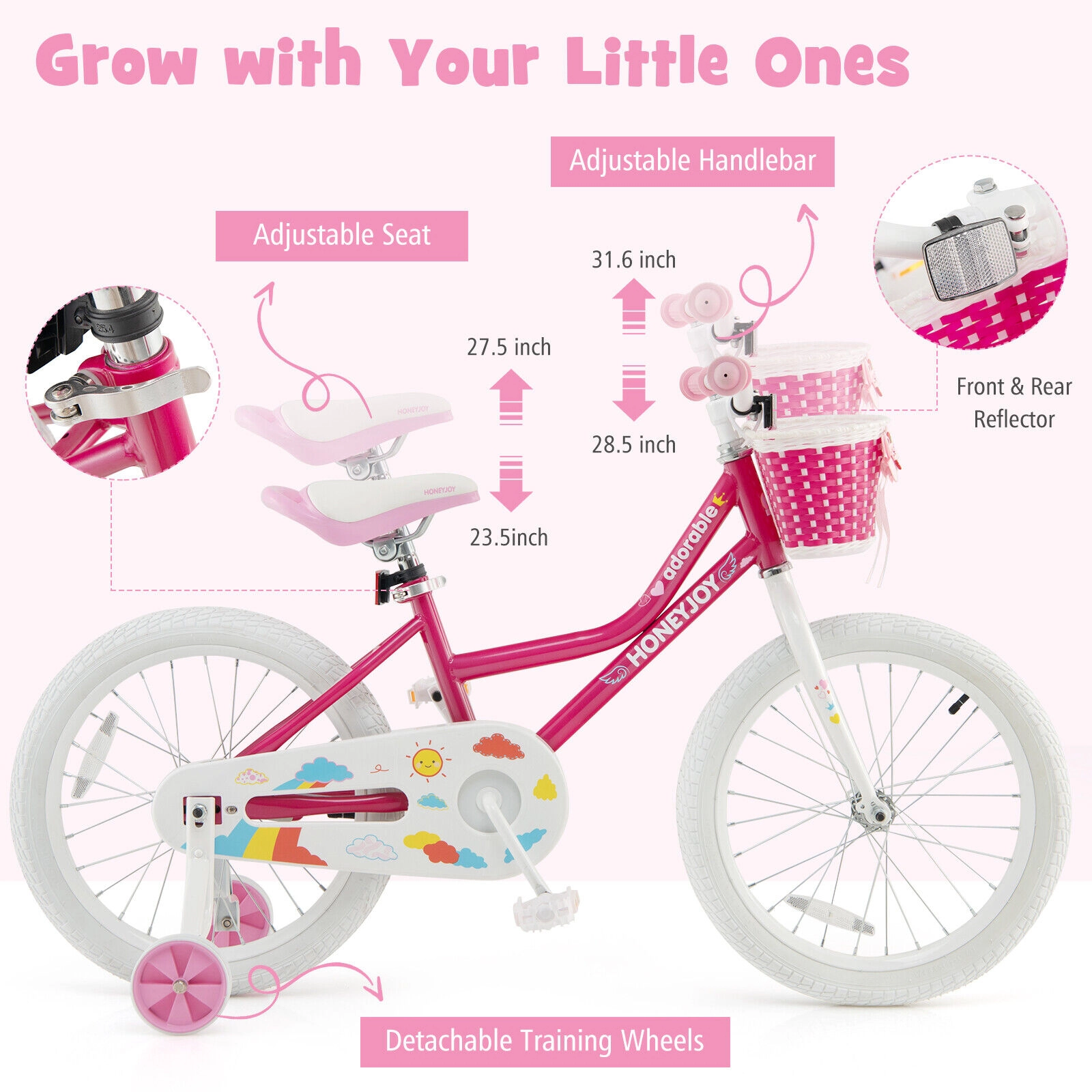 SUGIFT Adjustable 18-in Kids Bicycle Training Wheels 110-lb Capacity Ages 6-8 Pink with Basket & Enclosed Chain Guard