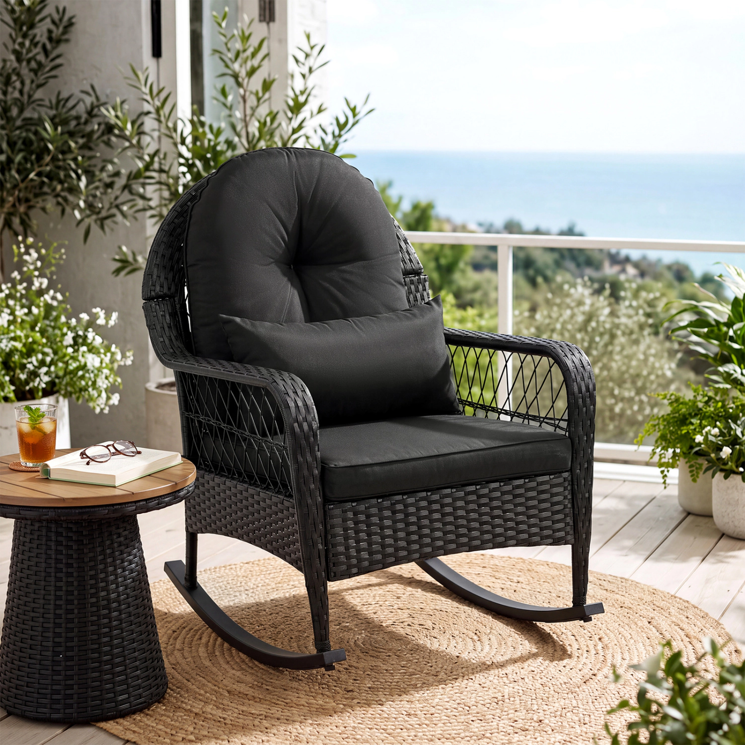 LJG Outdoor Wicker Rocking Chair with Anti-Tip Stoppers and Thick Cushions for Porch
