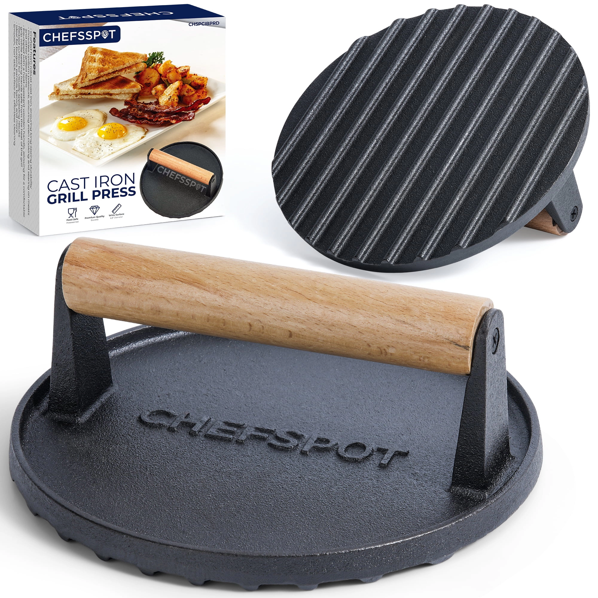 CHEFSPOT 7 Inch Cast Iron Burger Press With Wood Handle