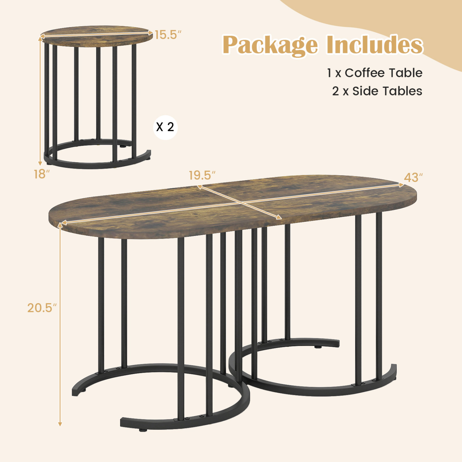 Glintex 3-Piece Nesting Coffee Table Set with Faux Marble Tops and Metal Tube Frames, Rustic Brown & Black