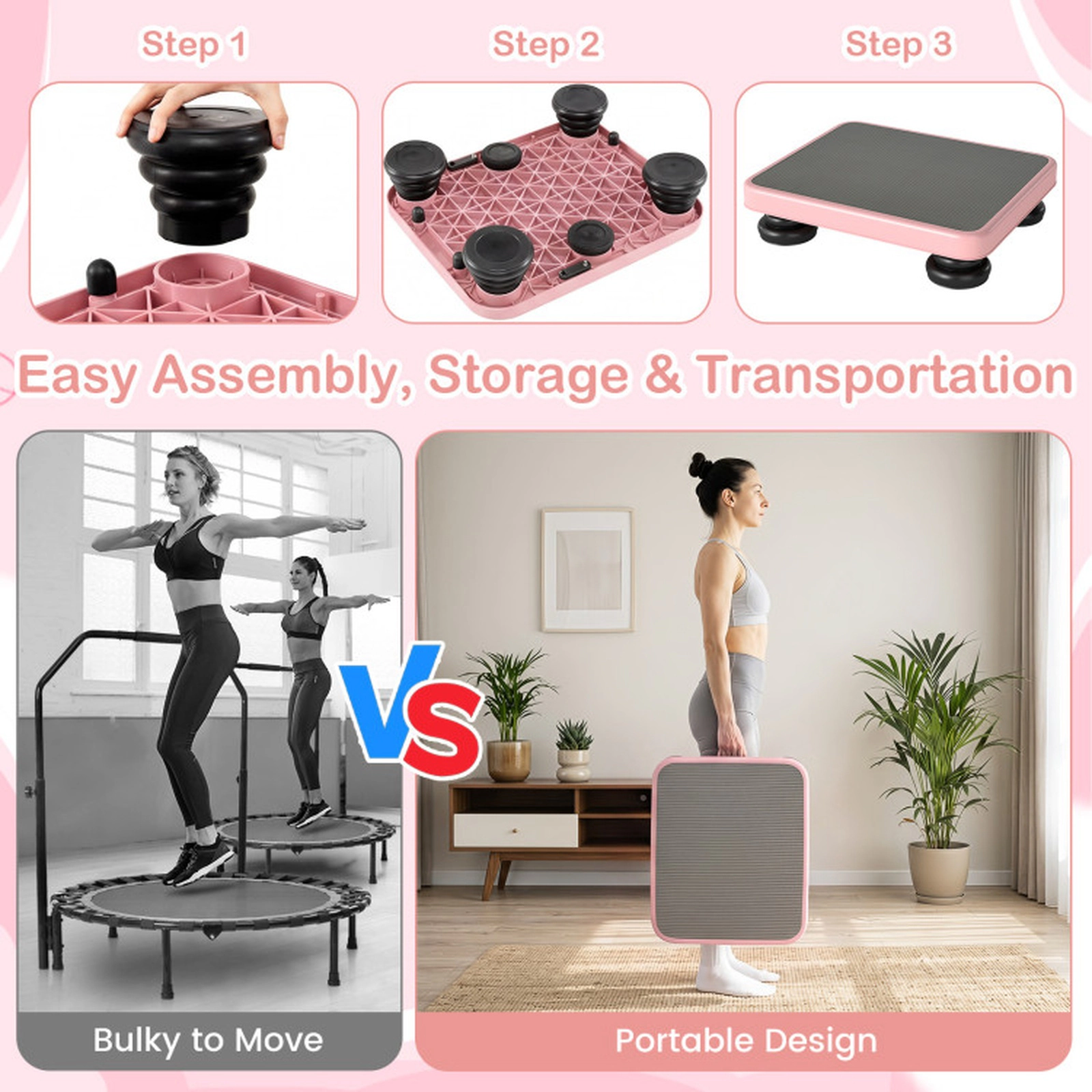SUGIFT 24 x 20 in Kids Rebounder Bouncing Board Elastic Rope 330-lb Capacity Ages 3+ Pink PP EVA PU Exercise Platform