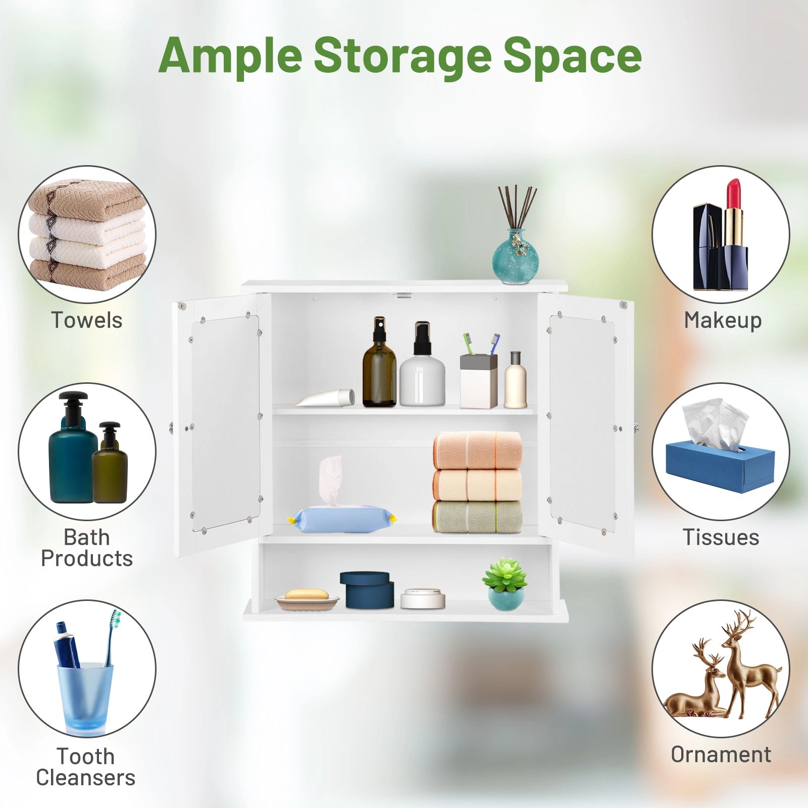 SlickBlue Double Door Mirrored Bathroom Storage Cabinet, White