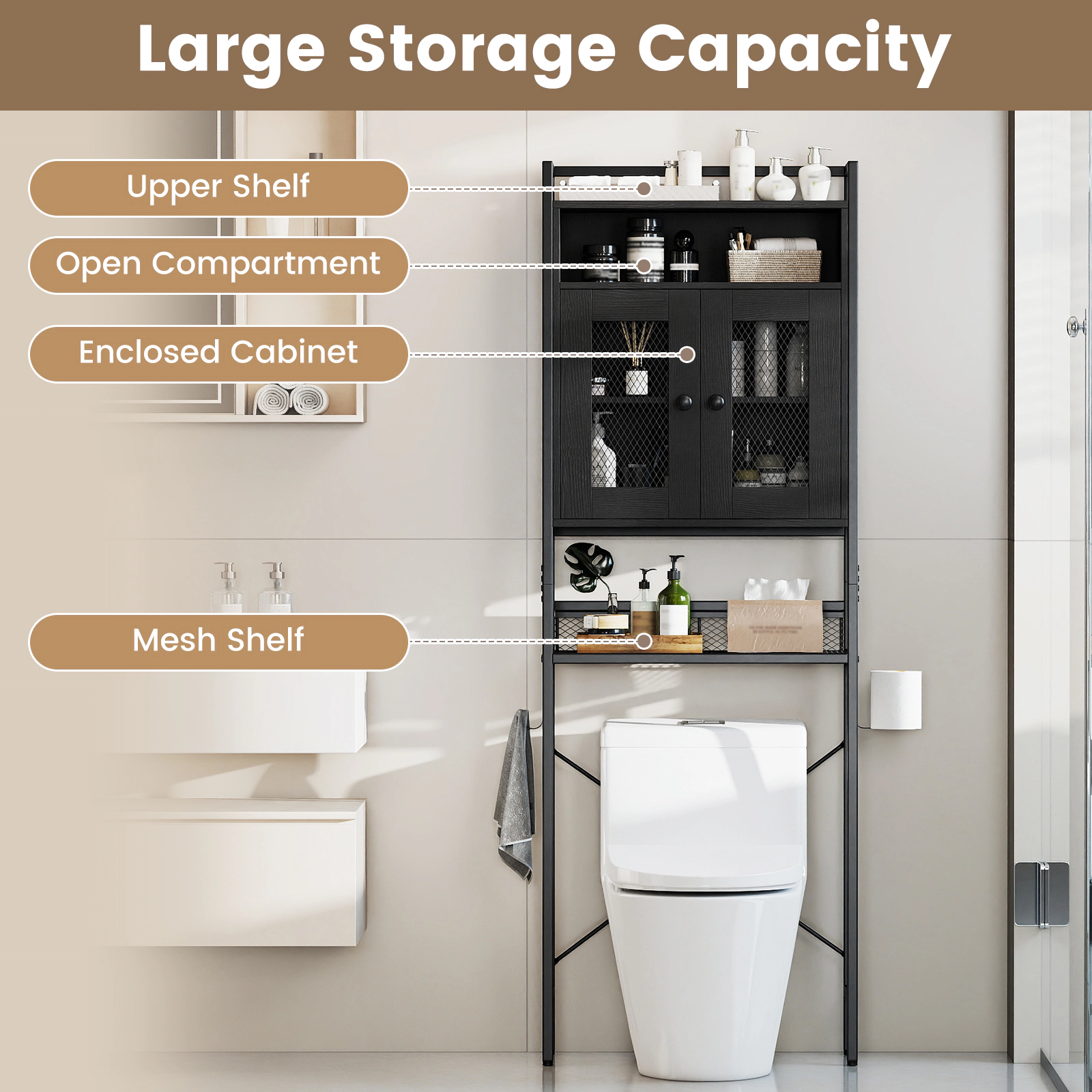 SlickBlue Bathroom Over Toilet Storage Cabinet 23.5 Inch Wide with Adjustable Shelf and Metal Frame Black