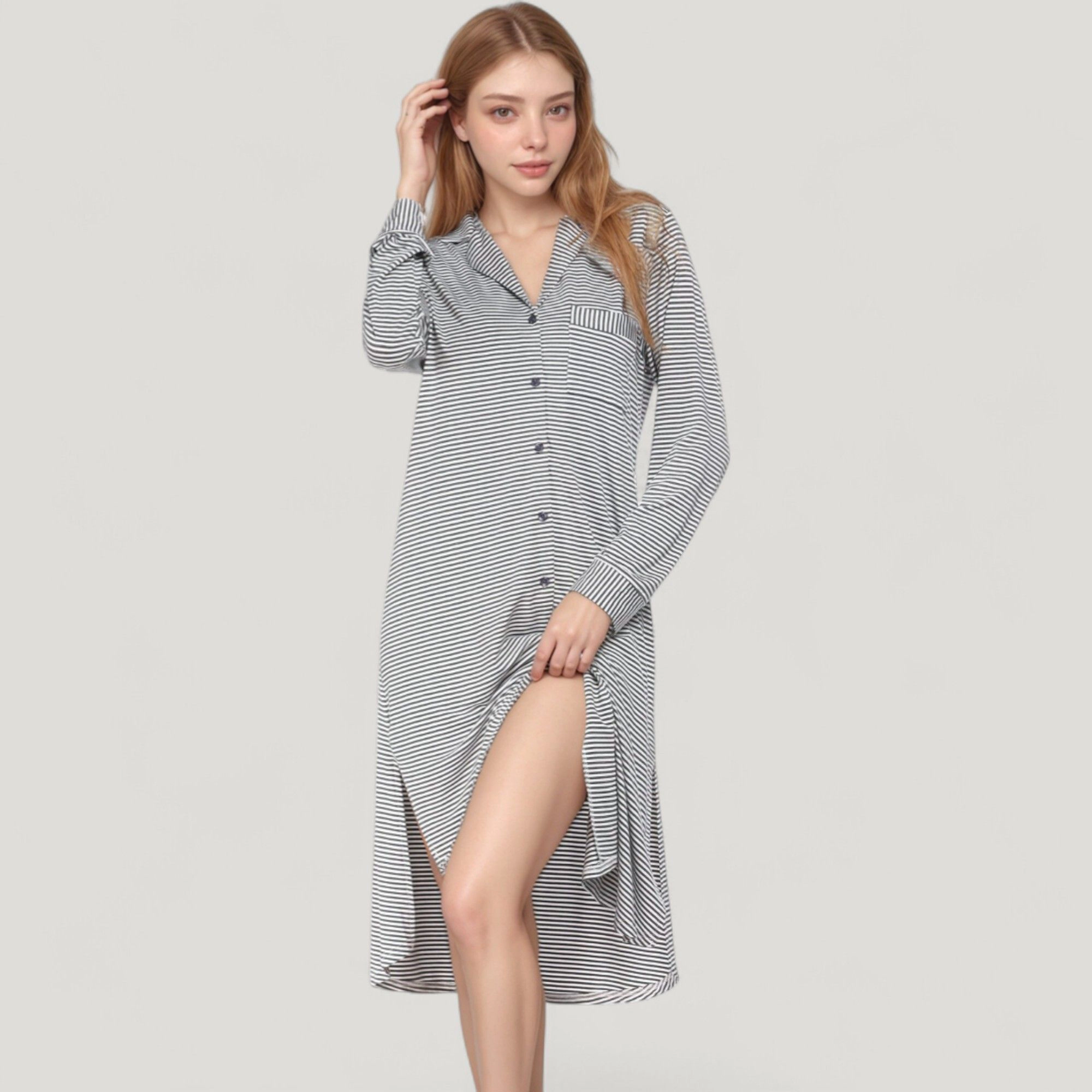 Anna-Kaci Women's Woven Stripe Long Sleeve Button Down Sleep Shirt with Lapel Collar and Curved Hem