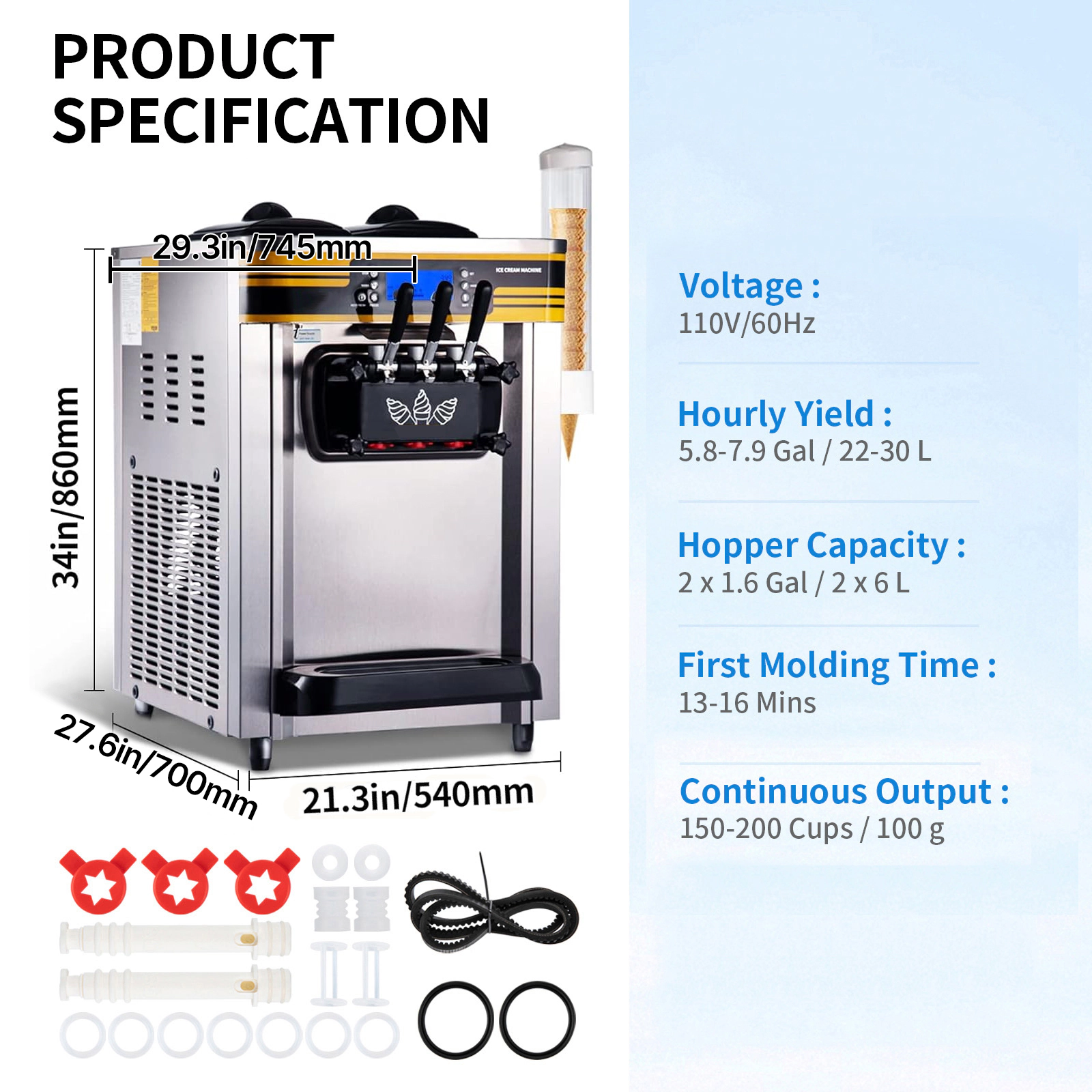 HONGGE Commercial Ice Cream Maker 22-30L /H Yield Countertop Soft Serve Machine with 2x6L Hopper 2L Cylinder LCD Panel