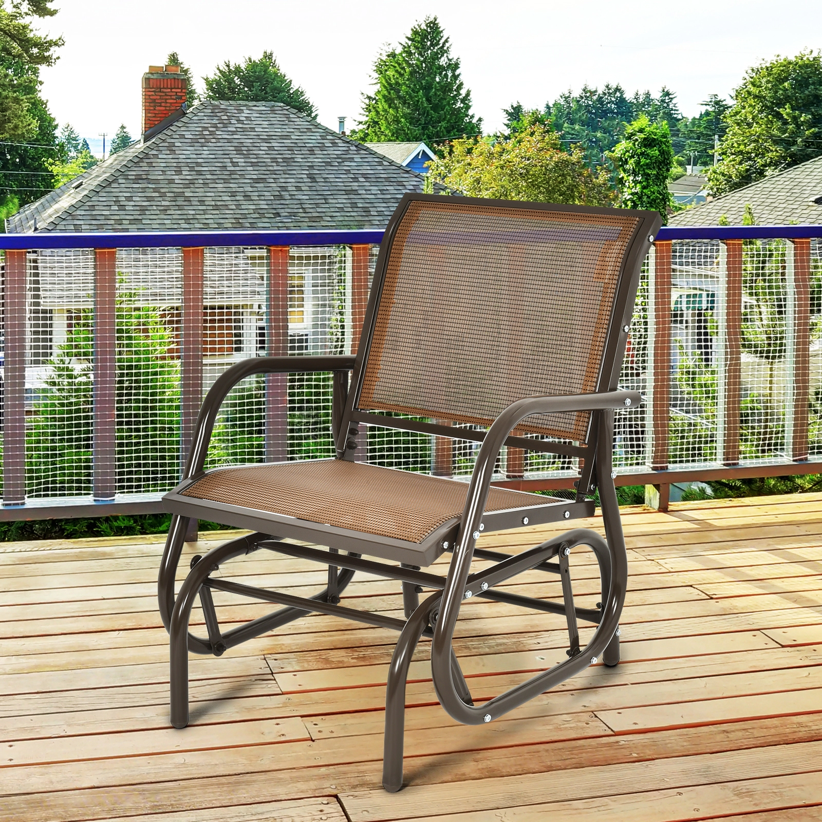 SUGIFT Outdoor Single Swing Glider Rocking Chair Brown with Armrests and Steel Frame