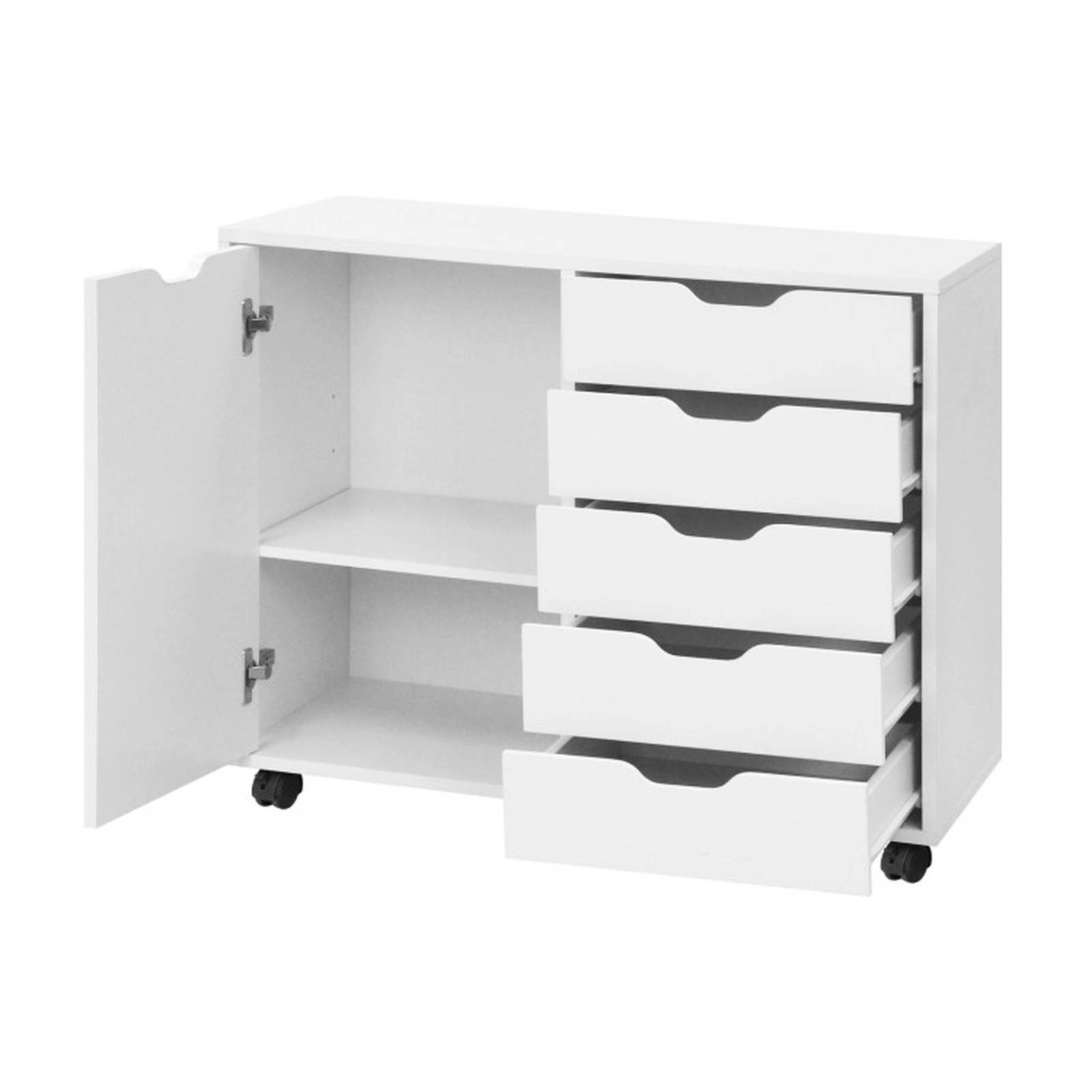 SUGIFT White 5-Drawer Rolling Storage Cabinet Mobile Sideboard Buffet with Adjustable Shelf and Soft-Close Door