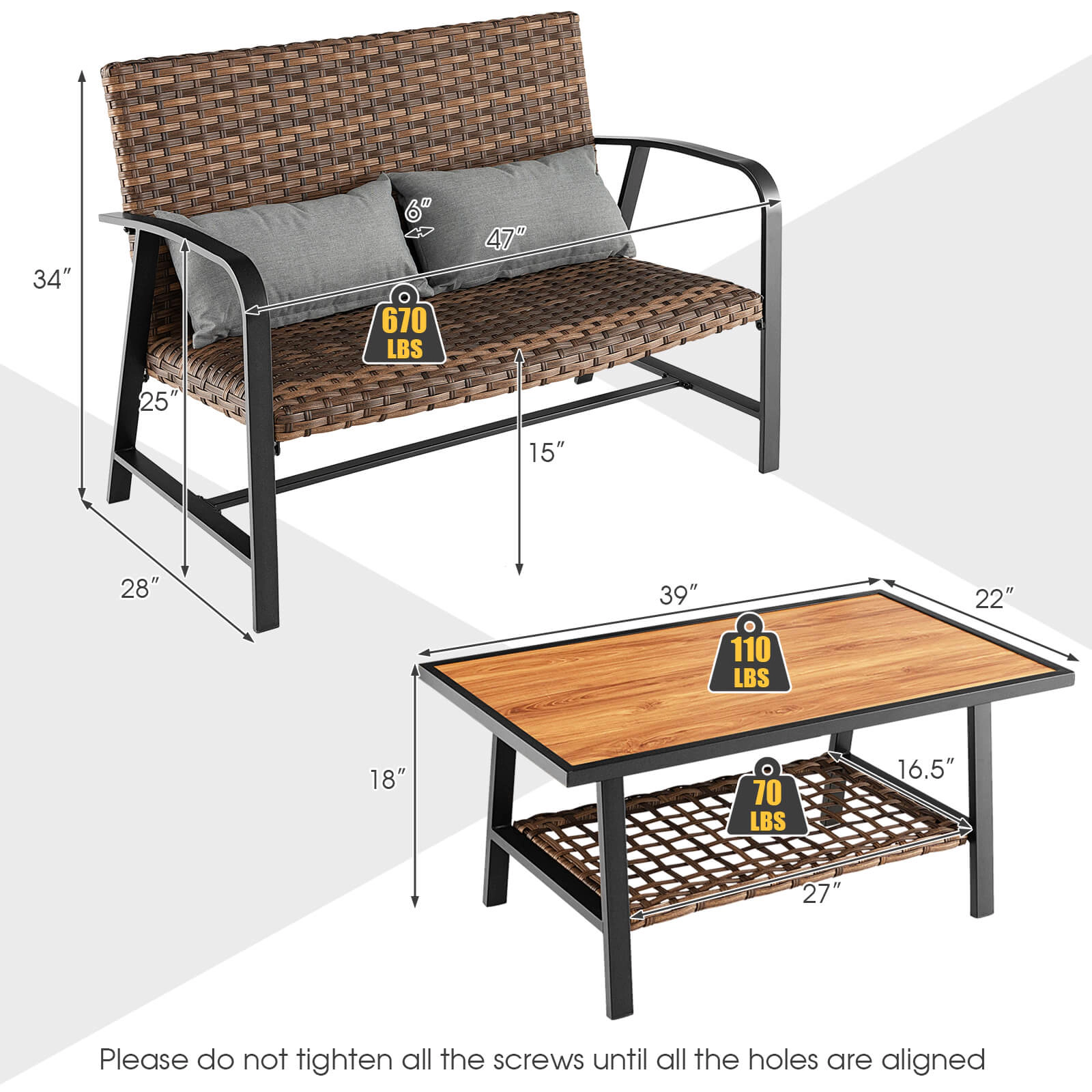 SUGIFT Brown Quick Dry Cushion 2-Piece Patio Rattan Loveseat and Coffee Table Set