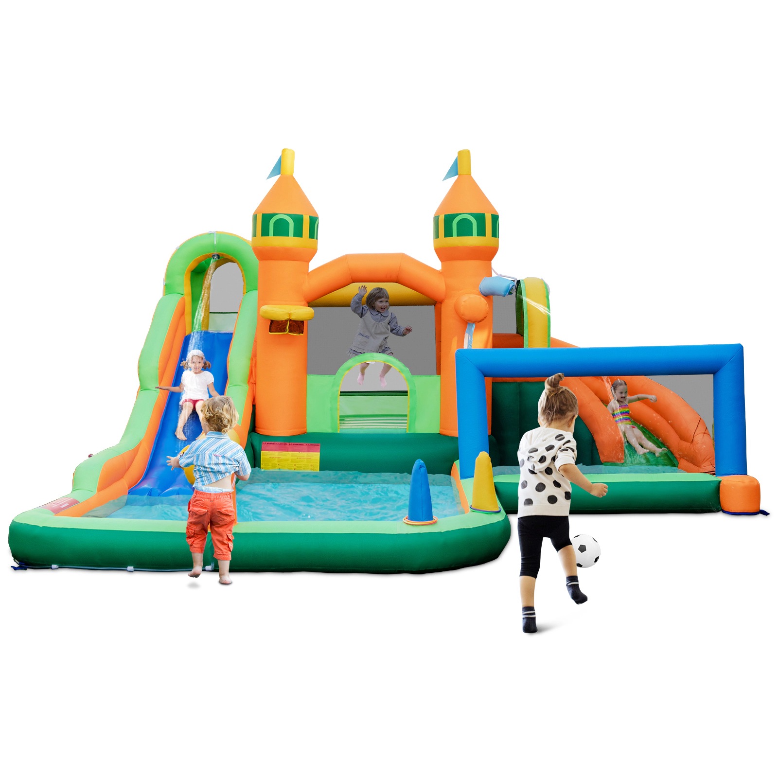 SUGIFT 2-Slide Inflatable Bounce House Water Park Soccer Gate & Climbing Wall 200-lb Capacity Over 3 Years Multicolor