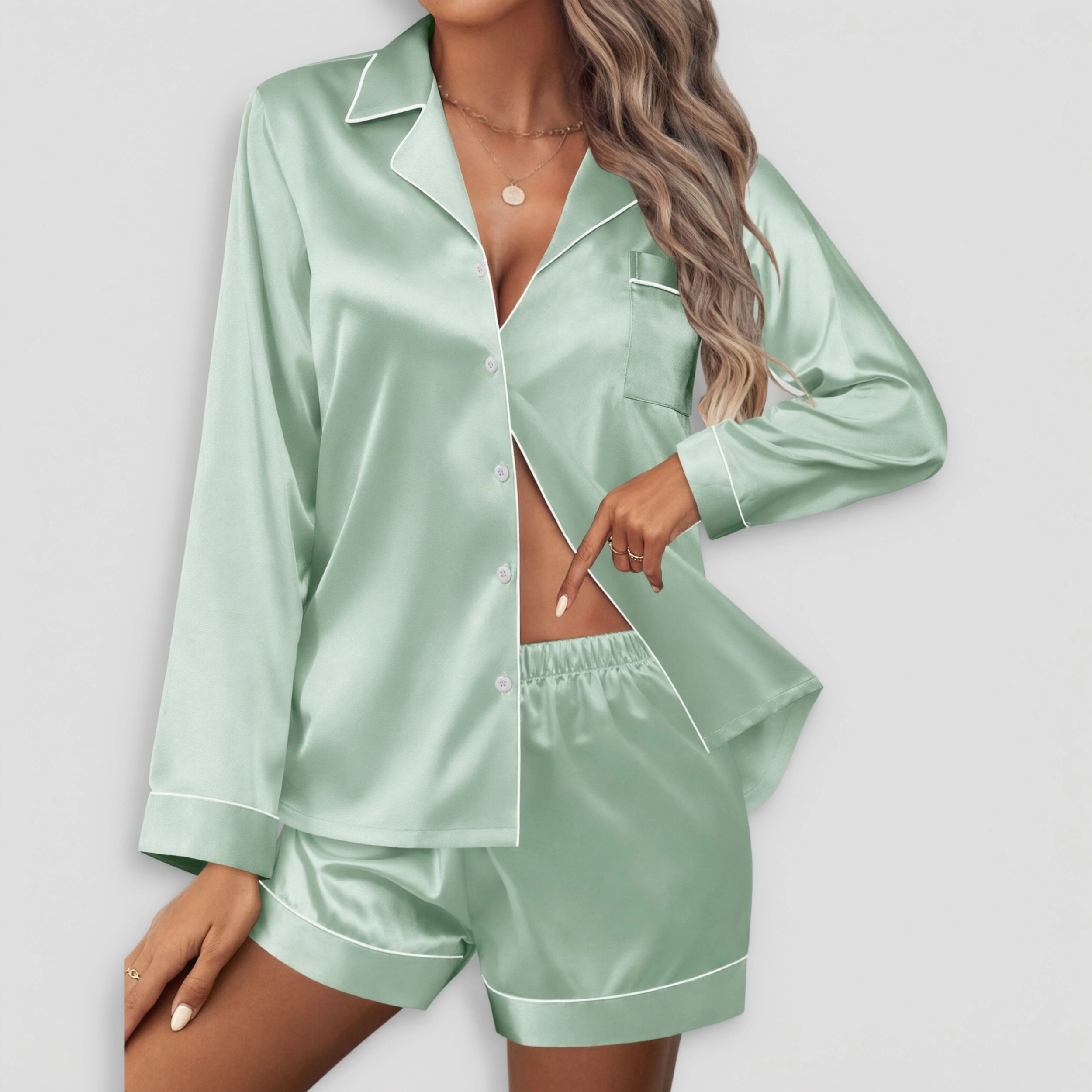 Ekouaer Pajama Set for Women Button Down Pj Long Sleeve Top and Shorts 2 Piece Loungewear