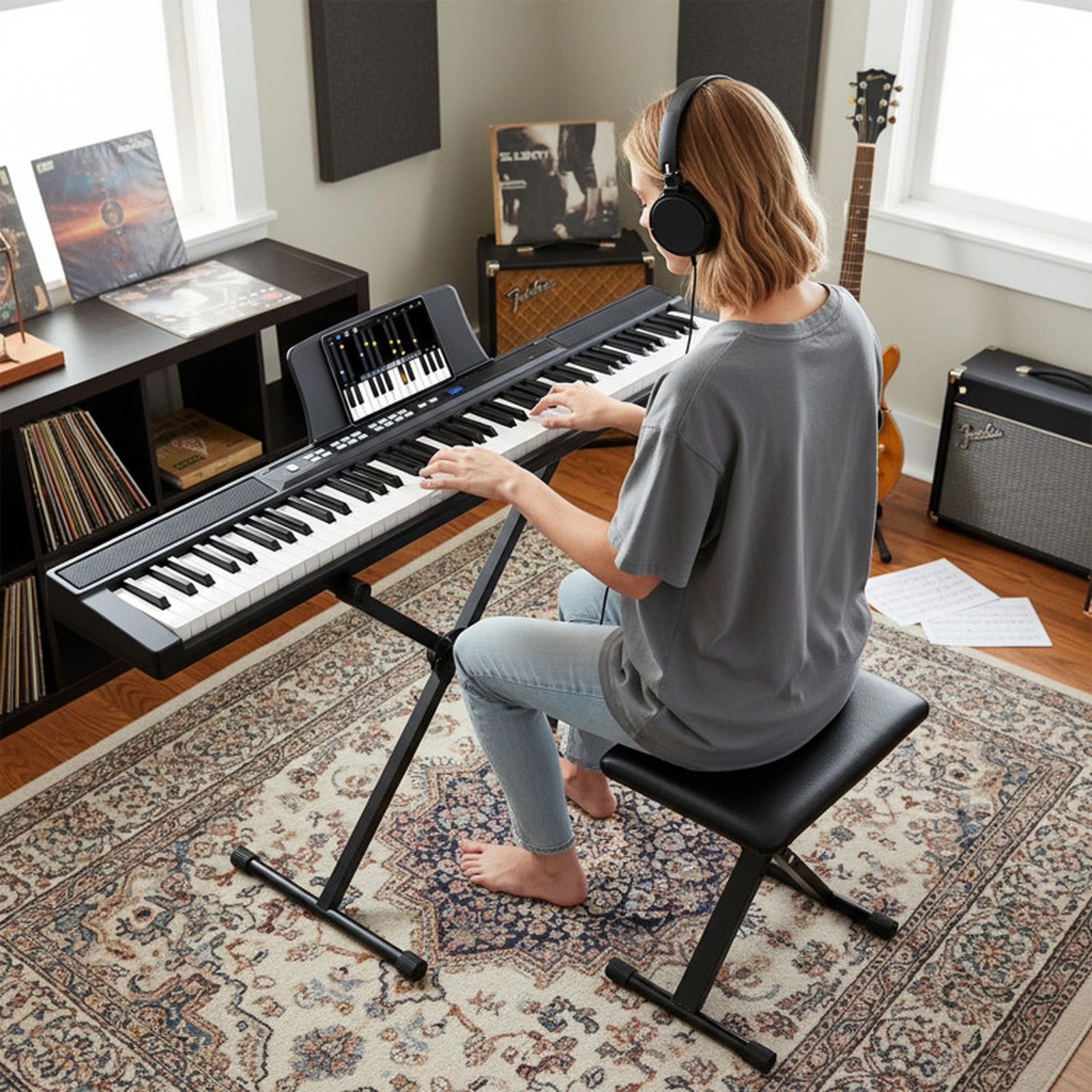 SUGIFT Black 88-Key Electric Piano Keyboard with Adjustable Stand and Carrying Bag 51.5-in W 9-in D 5-in H