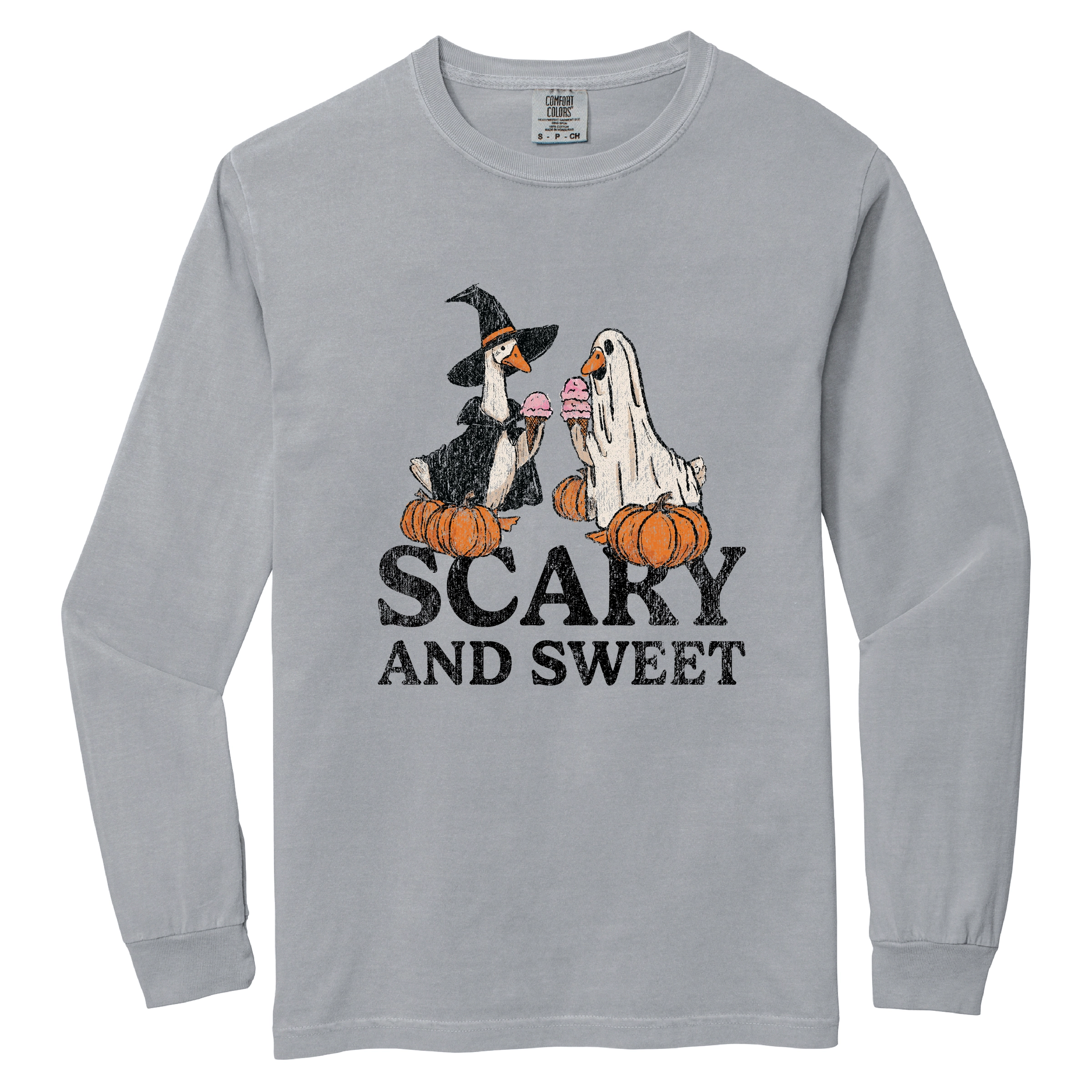 Simply Sage Market - Women's Garment Dyed Long Sleeve Graphic T-Shirt Scary and Sweet Geese