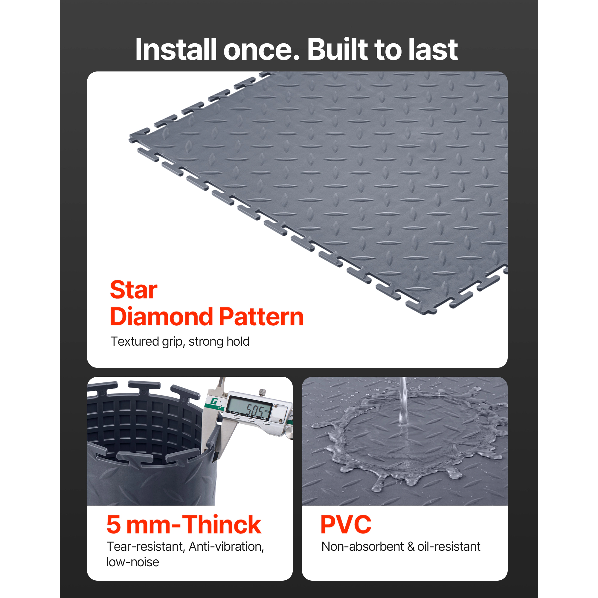 HONGGE 8-Pack Interlocking Garage Floor Tiles, 20.2 x 20.2 In PVC Diamond Plate Non-Slip Mats