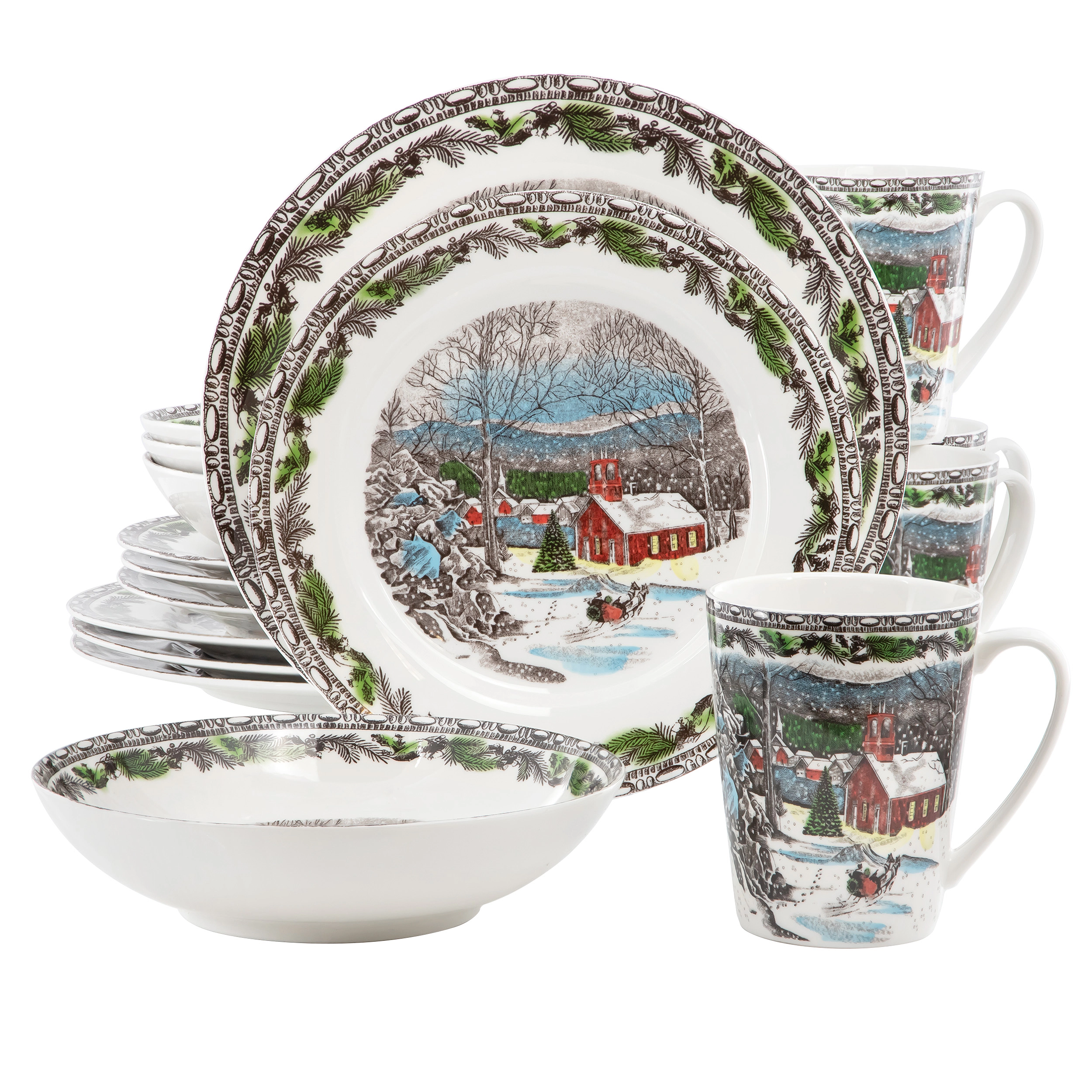 Elama Holly 16 Piece Porcelain Holiday Dinnerware Set