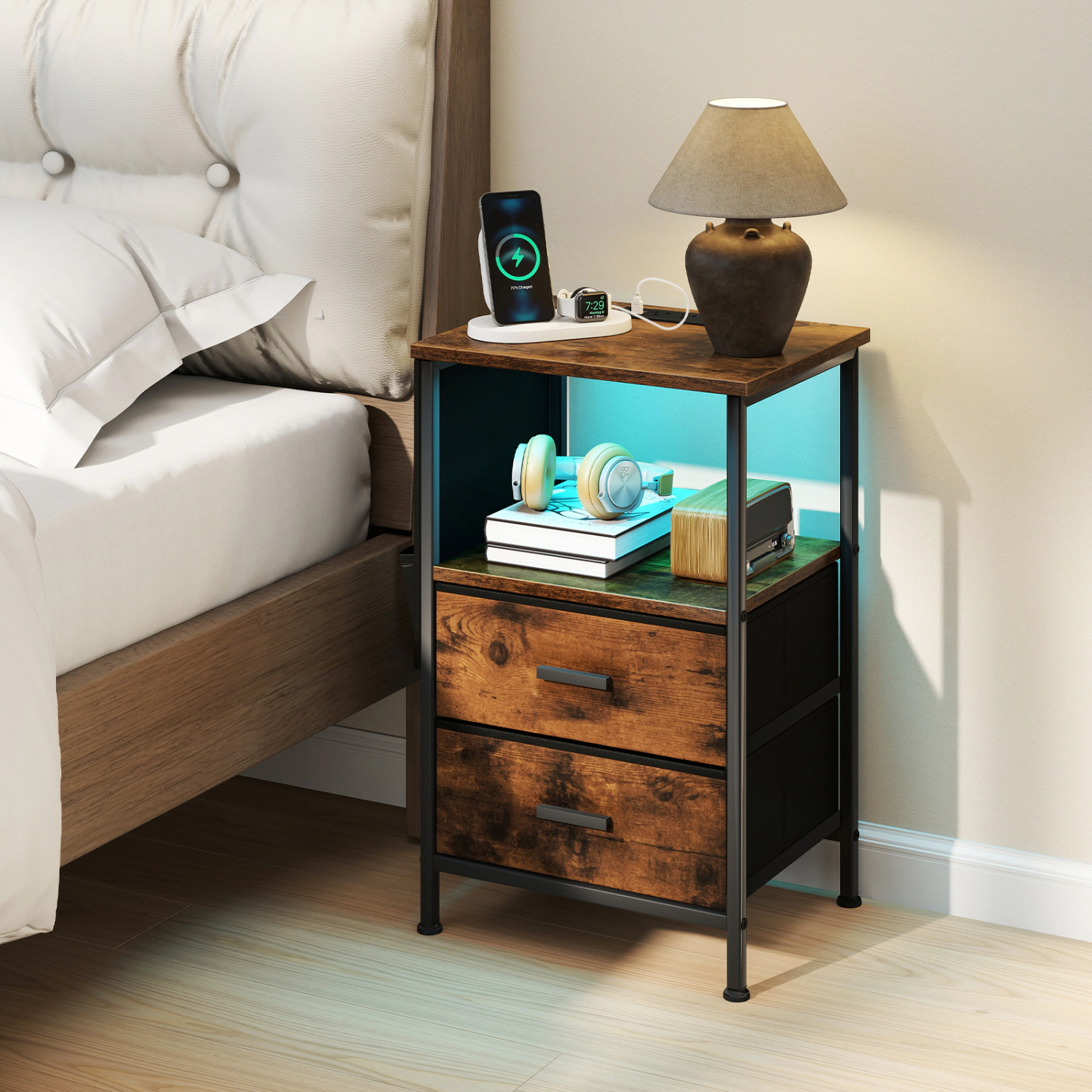 Glintex LED End Table with Charging Station and 2 Folding Fabric Drawers, Rustic Brown