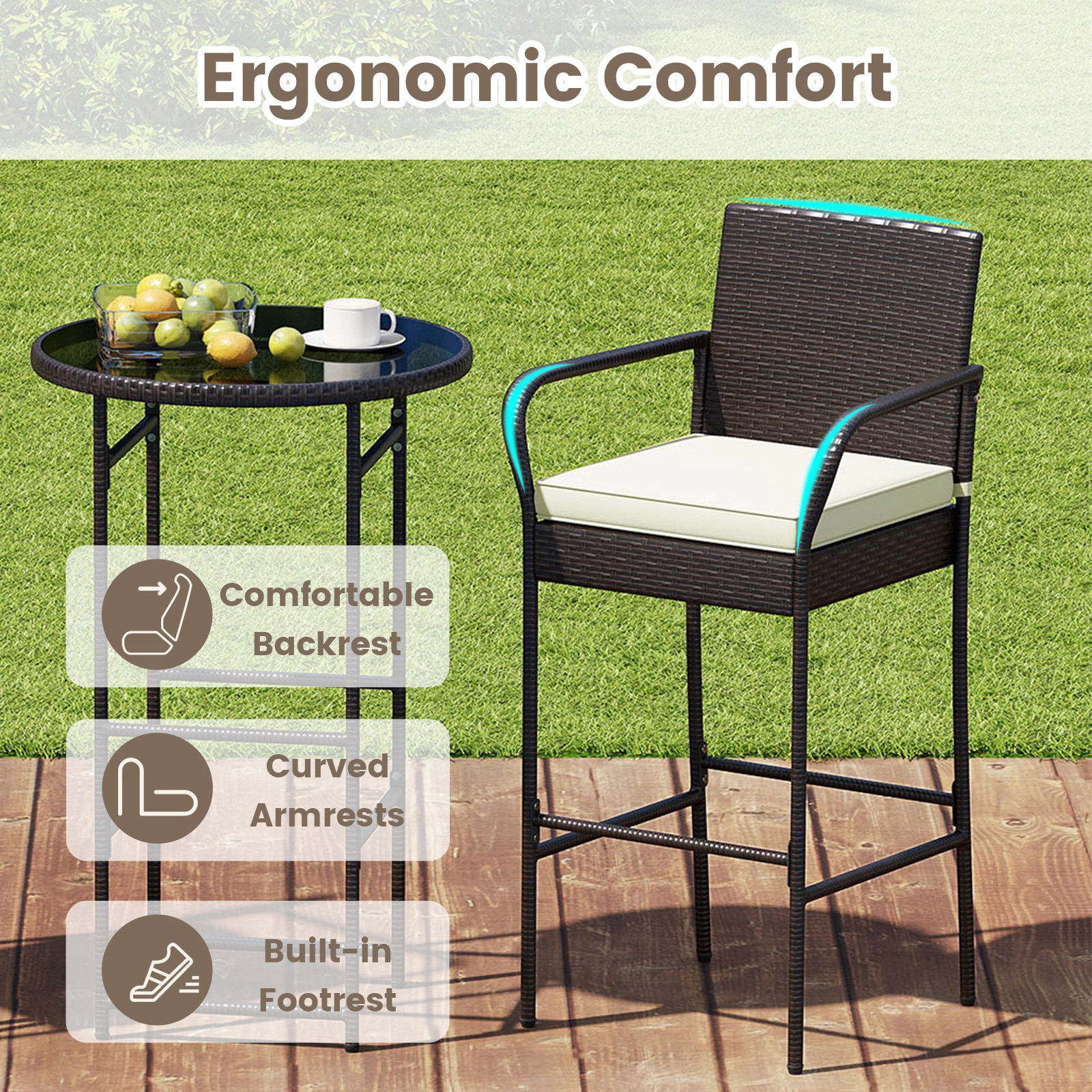 SUGIFT 3-Piece Outdoor Patio Wicker Bar Set, Glass-Top Table and 2 Rattan Bar Chairs