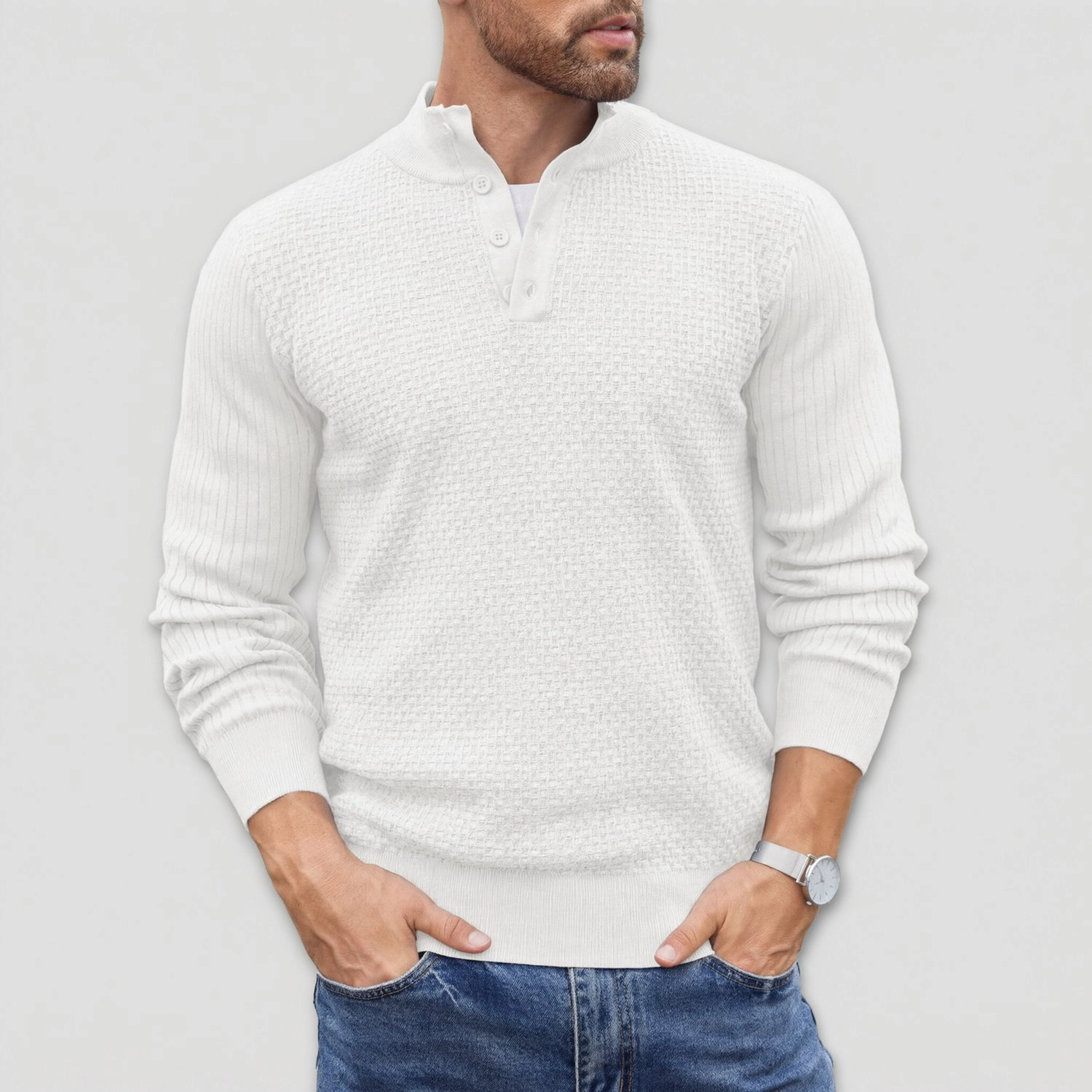 COOFANDY Mens Long Sleeve Henley Sweater Fall Button Mock Neck Waffle Knit Tops
