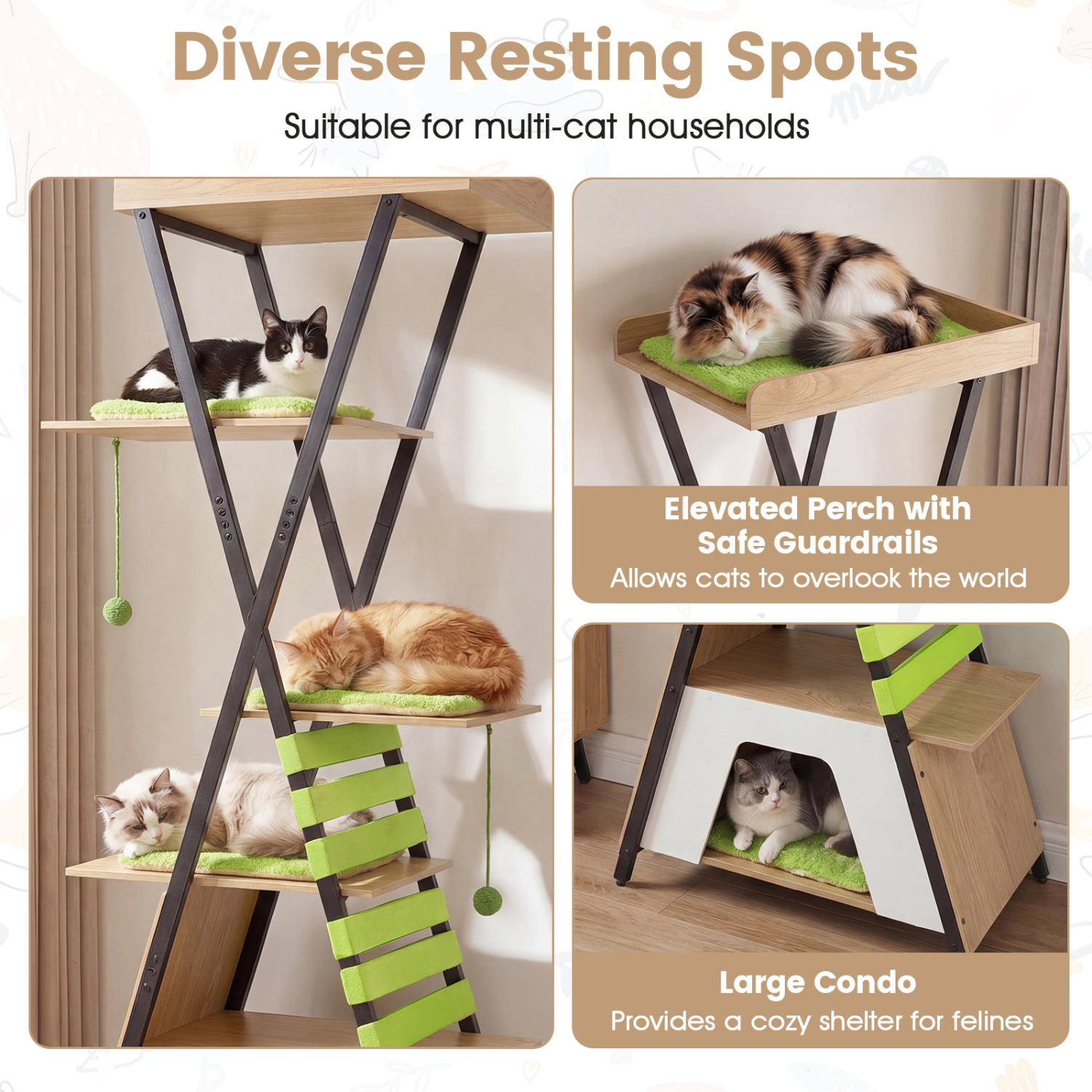 SUGIFT 73-in Extra Tall Cat Tree with Large Condo Guardrail Perch Metal Frame and Anti-Tip Device