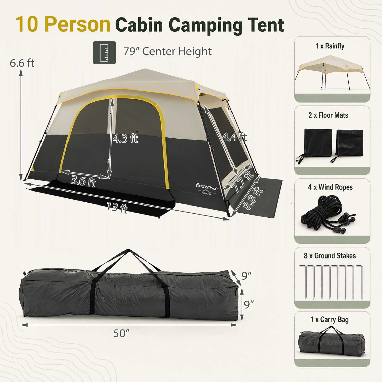 LJG 10 Person Instant Cabin Camping Tent with Rainfly 13 ft x 9 Portable Large Family