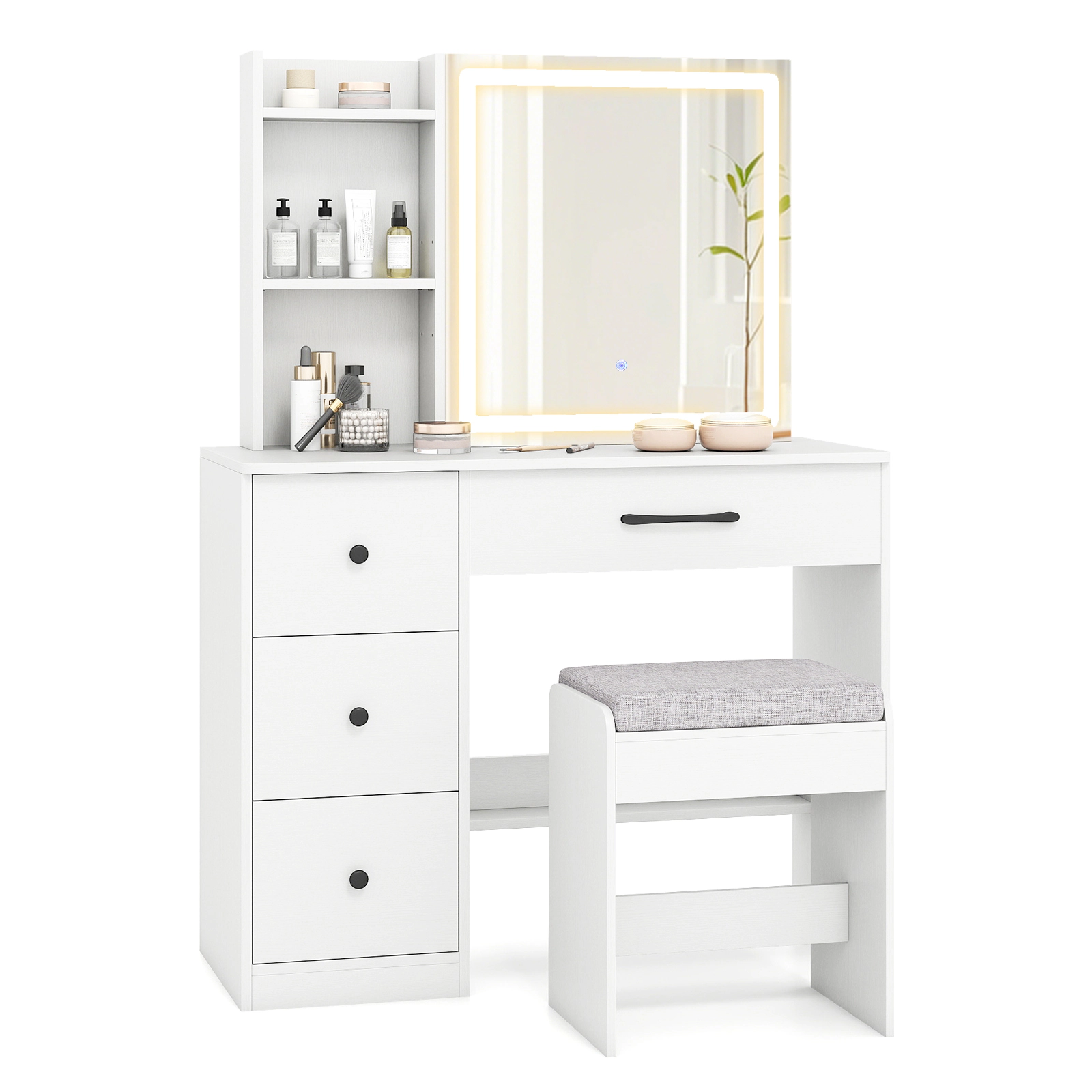 SUGIFT Vanity Desk White with Sliding Mirror Lights Stool and 4 Drawers