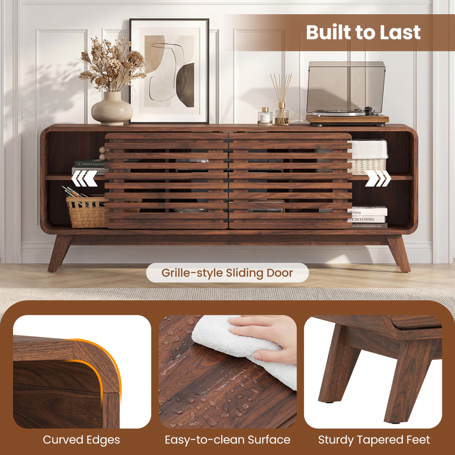 Glintex 58-Inch TV Stand with Grille-Style Sliding Doors and Tapered Feet, Walnut