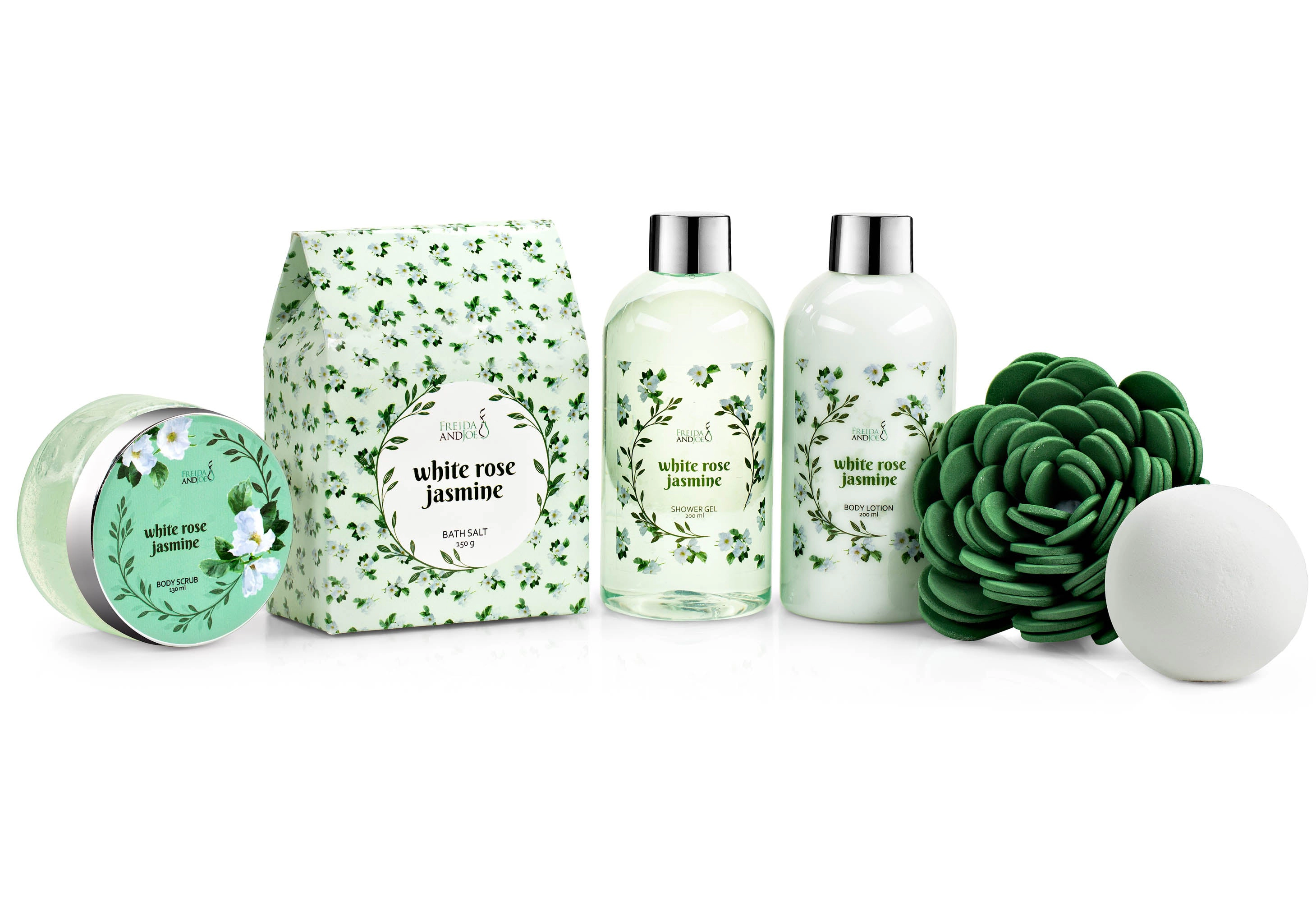 Freida and Joe Women White Rose & Jasmine Spa Set Elegant Wood Curio