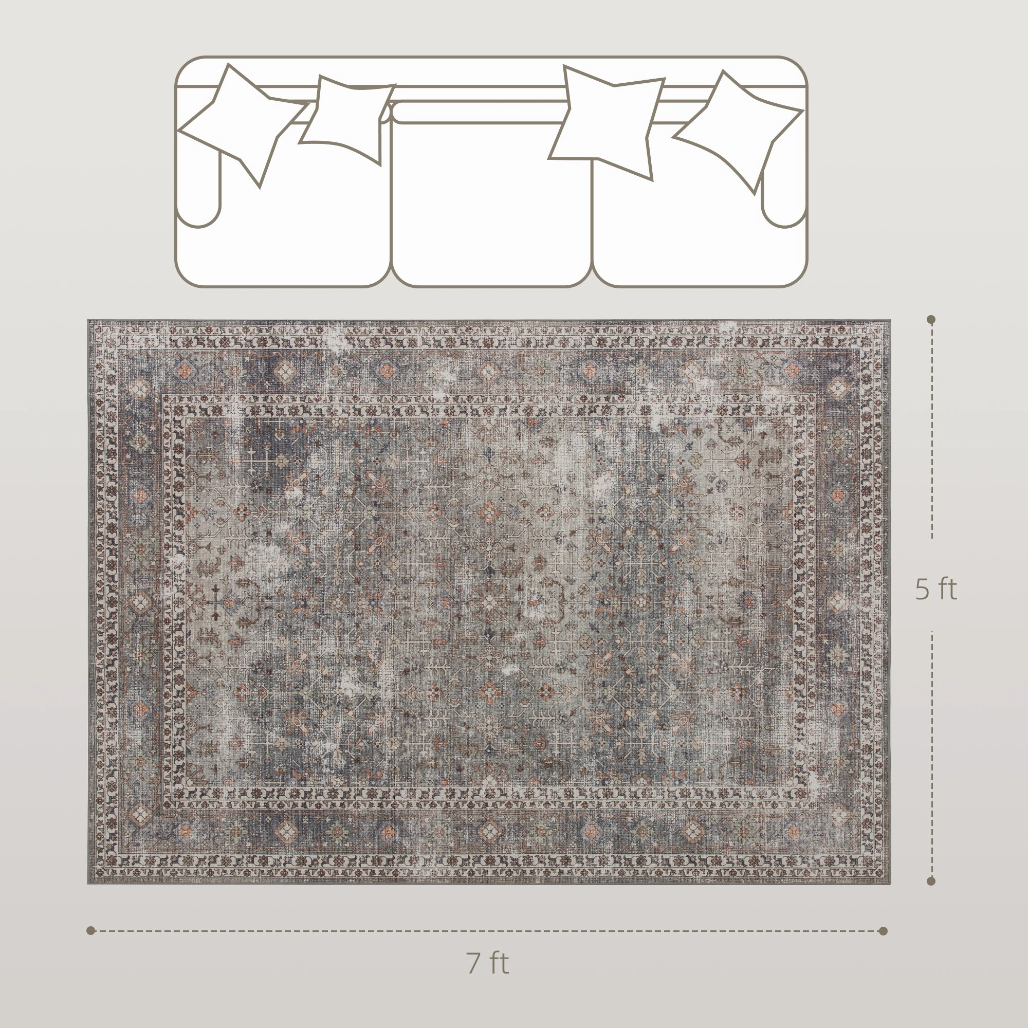 HONGGE Machine Washable Area Rug, Non-Slip Traditional Floor Cover Foldable Carpet for Living Room, Dark Mixed-Brown
