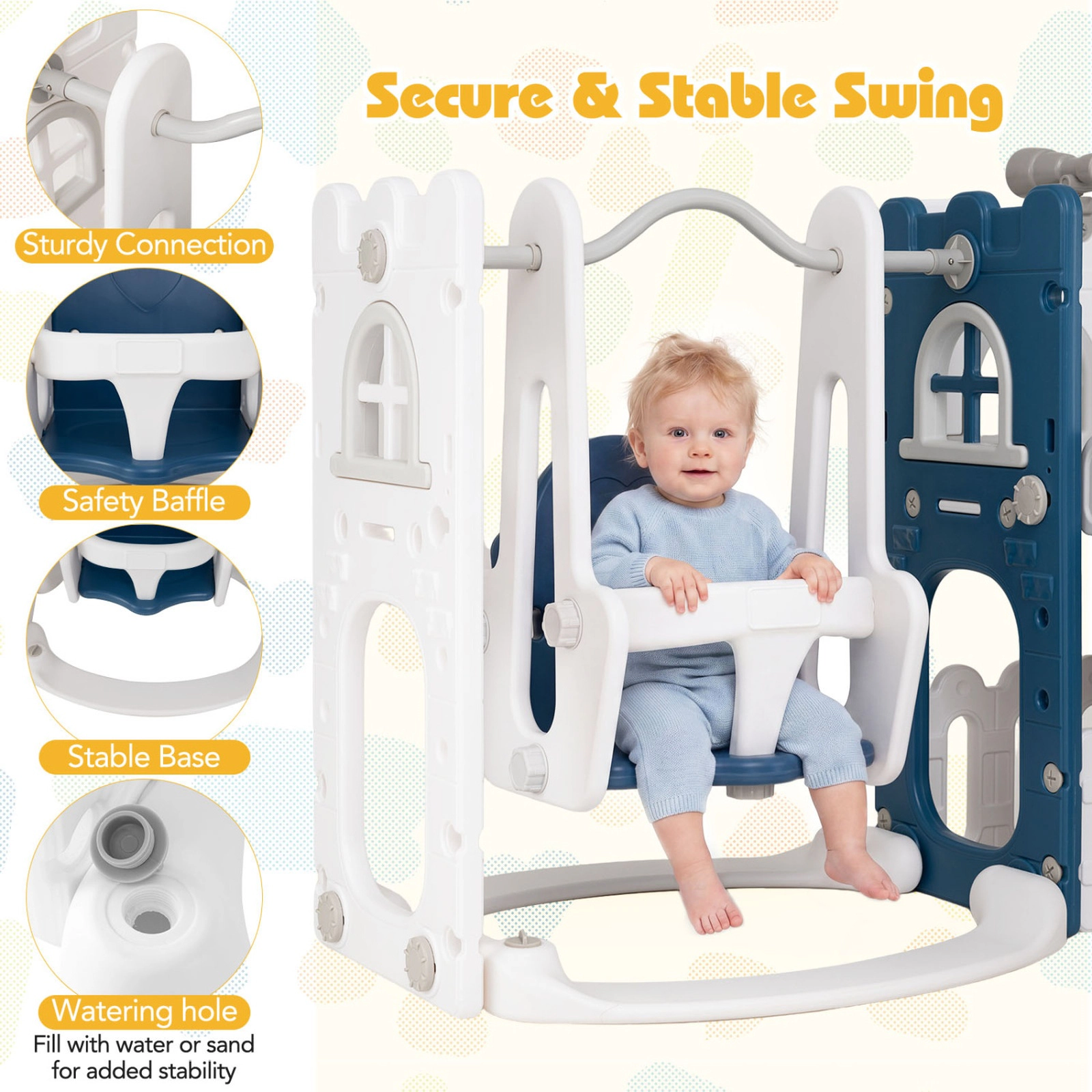 SUGIFT 7-in-1 Toddler Swing & Slide Climber Set with Ladder & Basketball Hoop 110-lb Capacity Ages 1-3 Blue & White