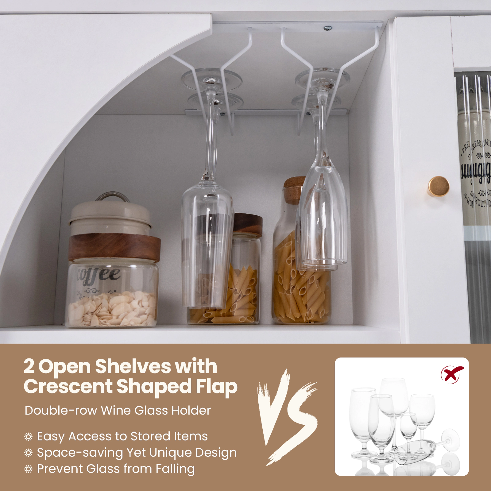 SUGIFT Stemware Rack Tempered Glass Door Flap Drawer Kitchen Sideboard 31.5-in x 12-in x 31.5-in 66-lb Capacity White