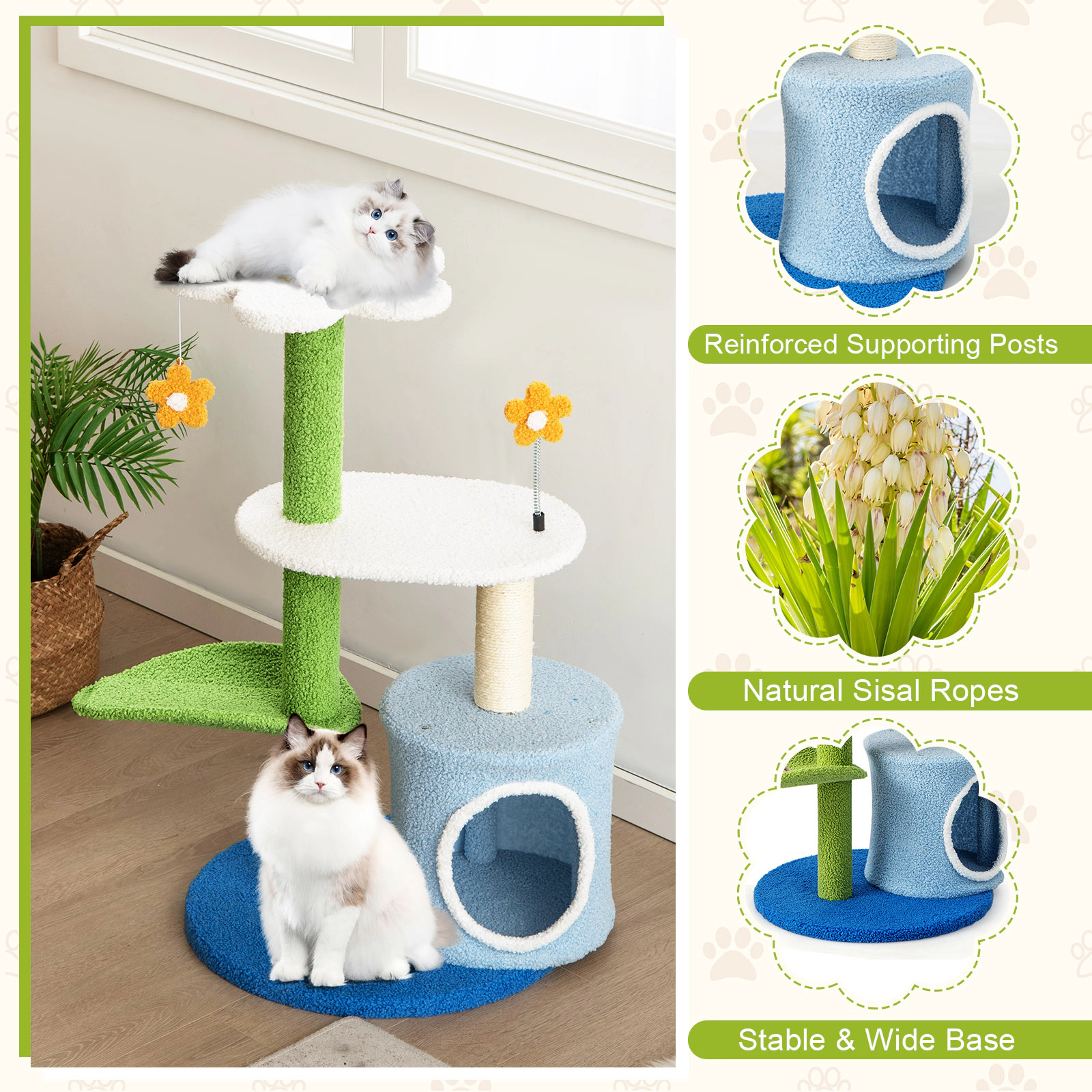 SUGIFT Blue 34.5 in 4-Tier Cat Tree with Leaf-Shaped Perch Condo and Jingling Balls