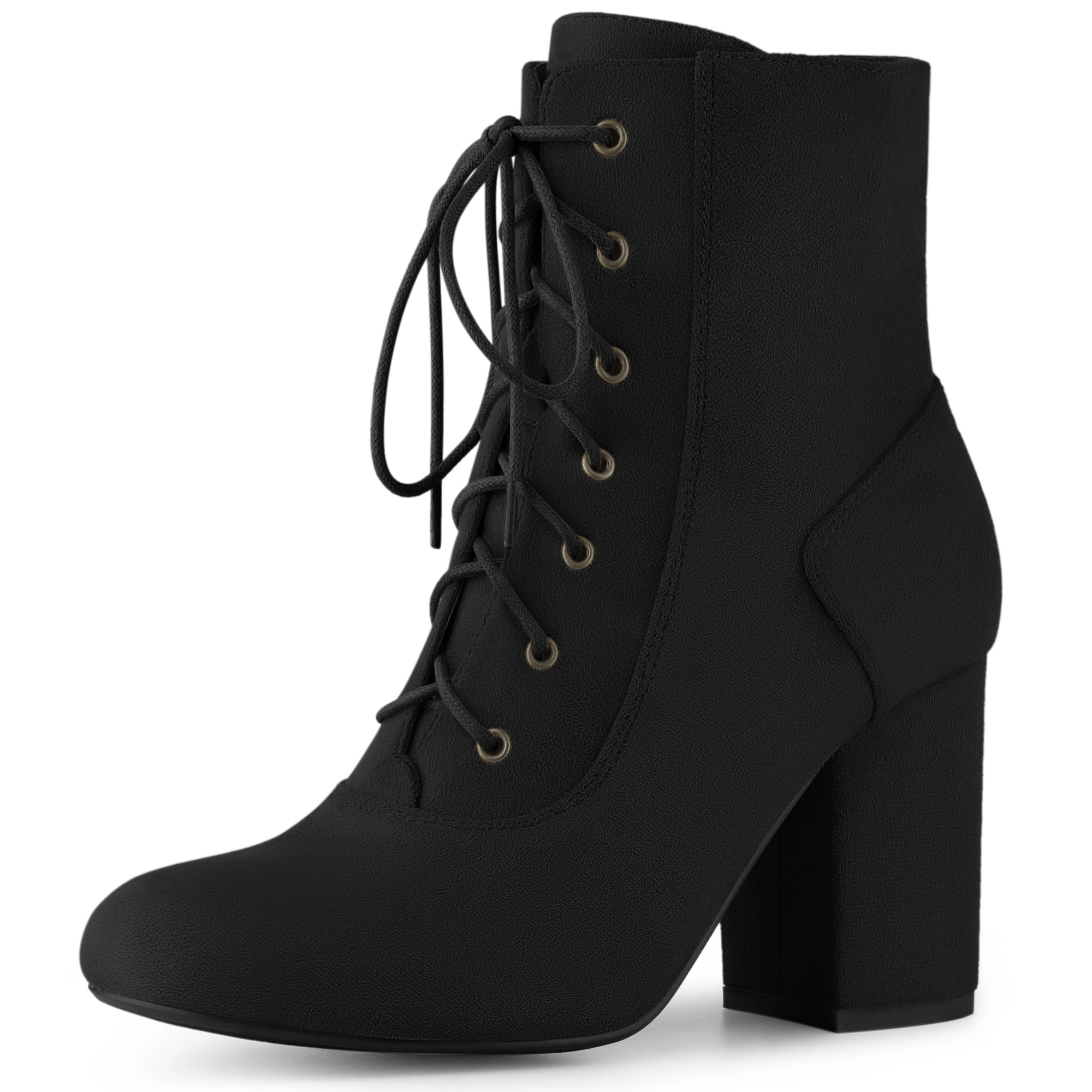 BLISSFUL STEP Women Faux Suede Round Toe Chunky High Heel Lace Up Ankle Boots