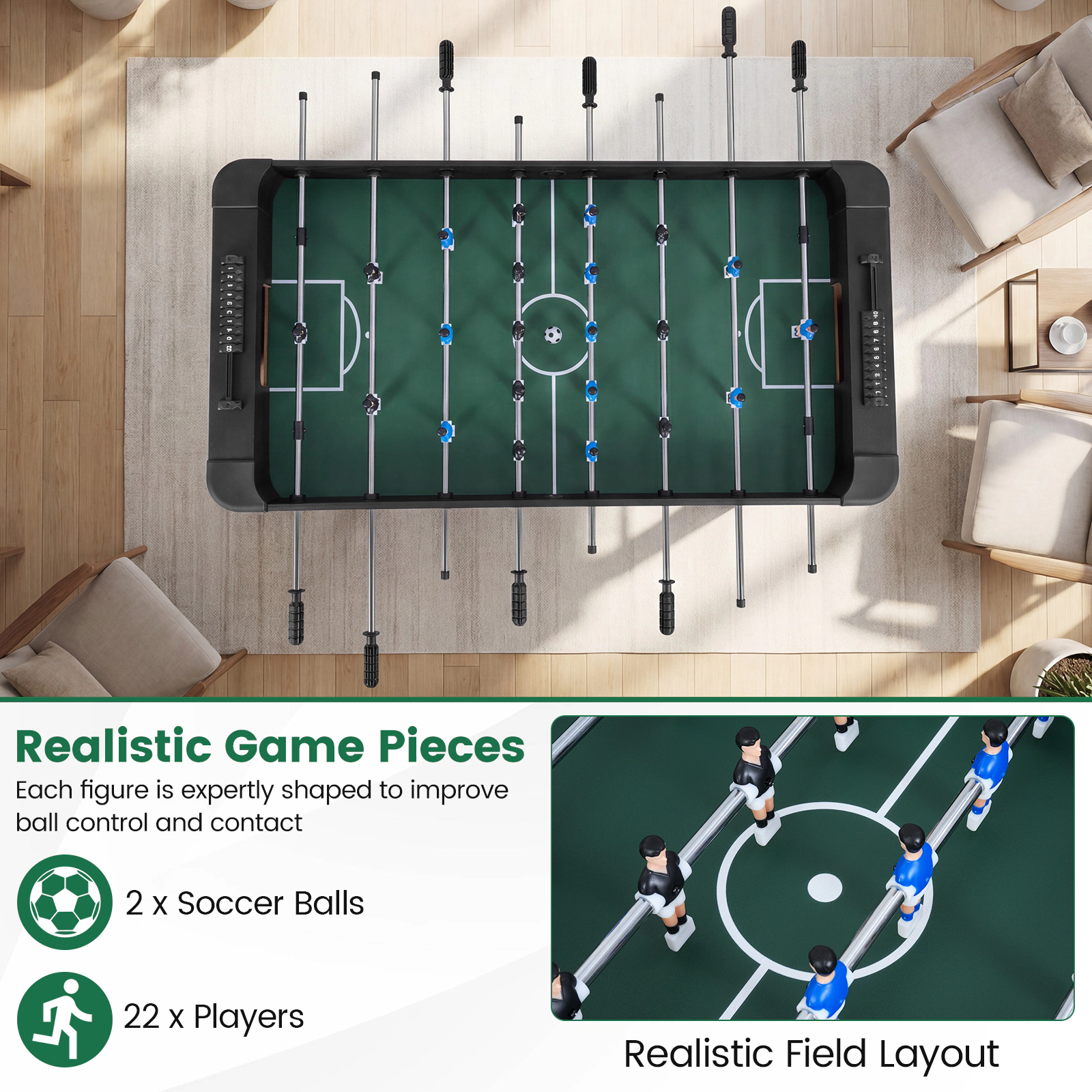 SUGIFT Wide Side Board Full Size Foosball Soccer Game Table with 22 Players 37.5-lb Net Weight Black