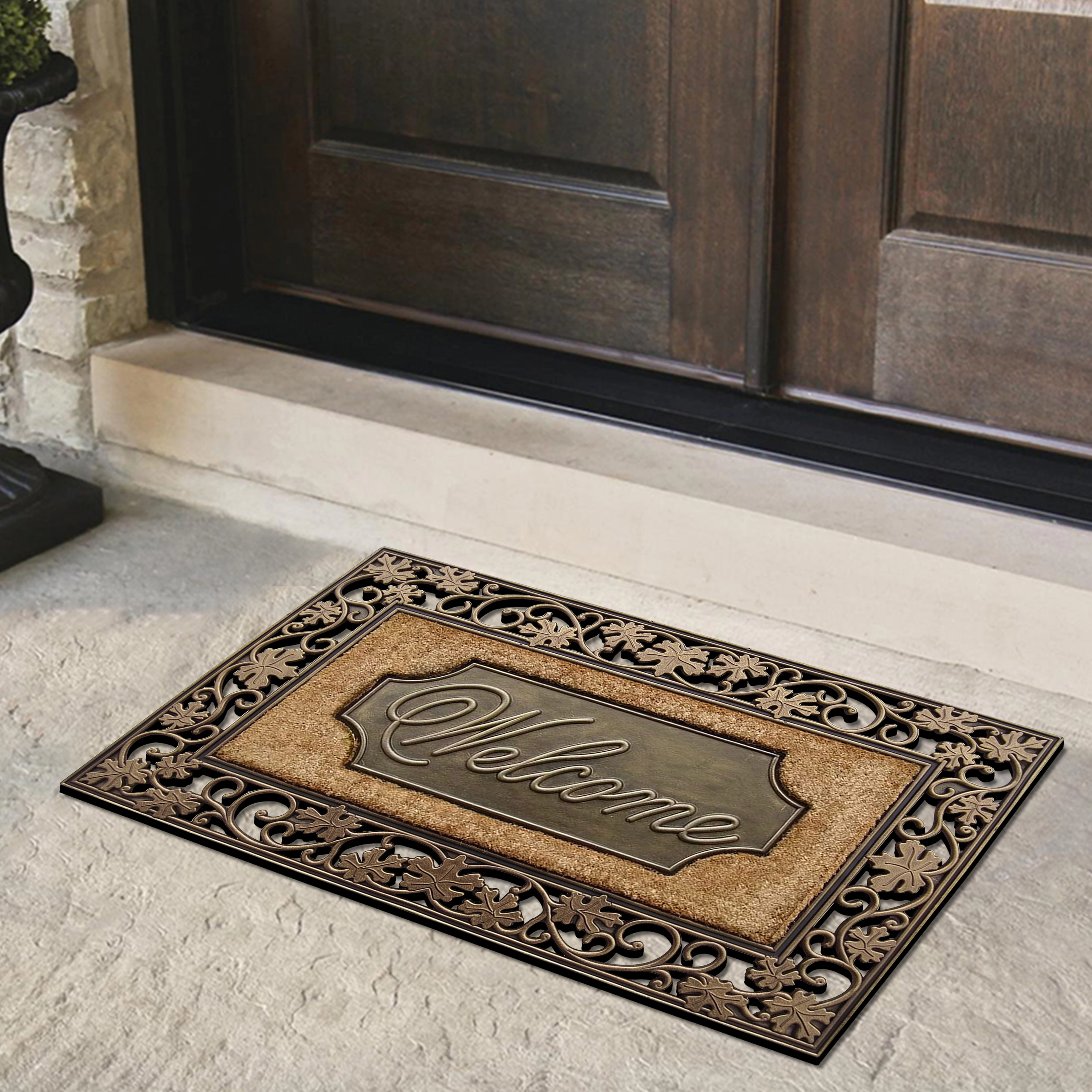 A1HC Coir and Rubber Door Mat 23x38 Inches Anti-Shed Heavy Duty Non-Slip Floral Border