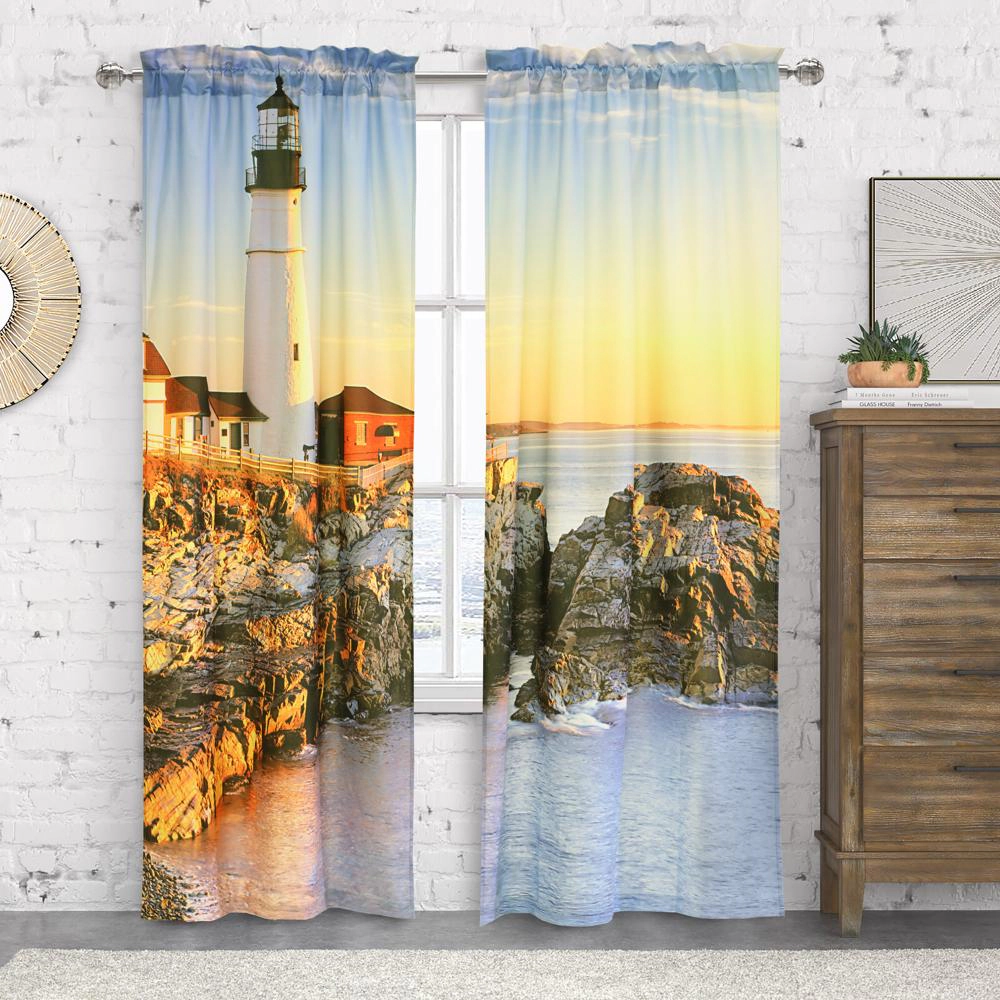 Habitat Photo Real Lighthouse Ambient Surroundings Sunrise Light Filtering Pole Top Curtain Pair 38" x 84" Multicolor