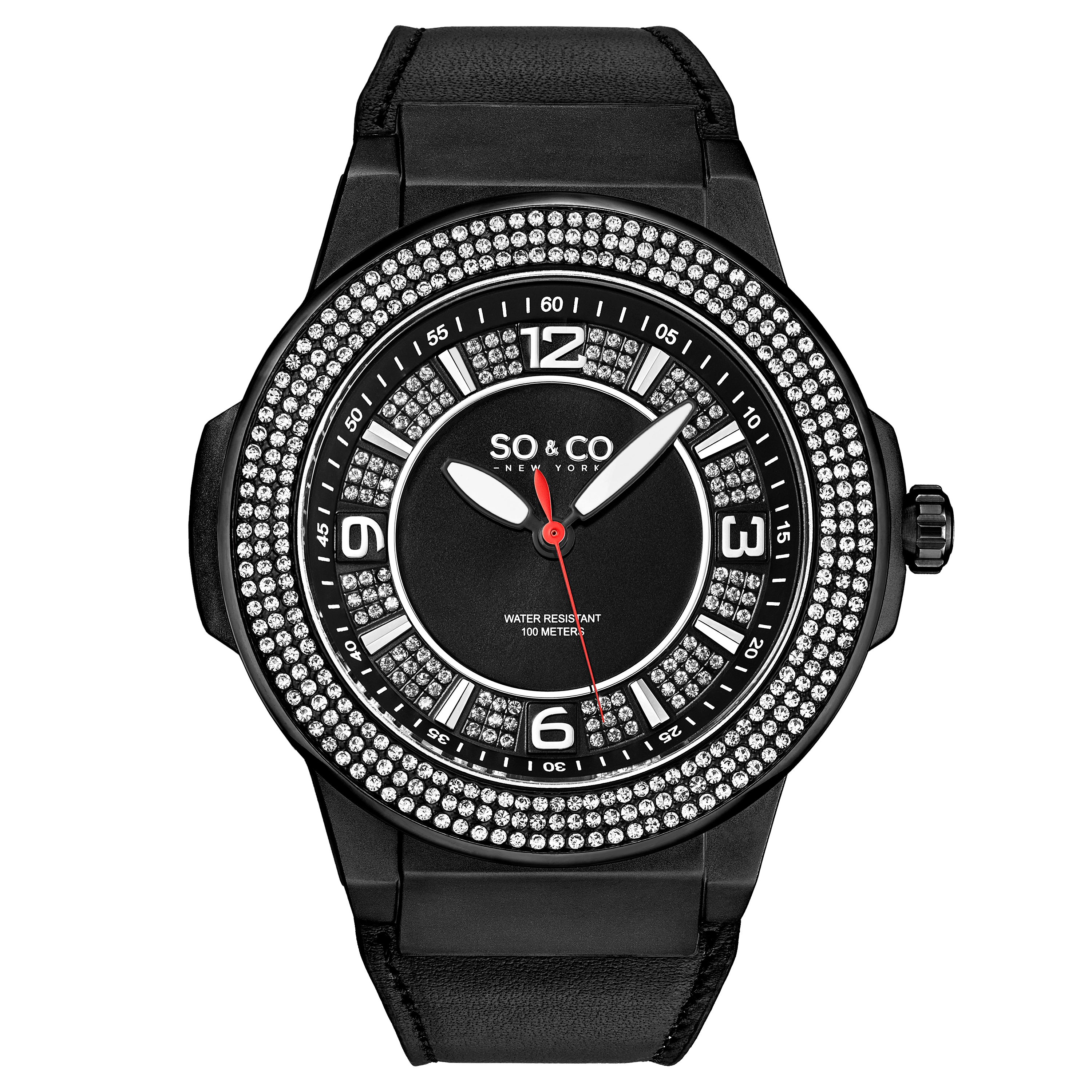 SO&CO Tribeca 5565L 48mm Crystal Studded Quartz Watch with Dodecagonal Ring Leather Strap