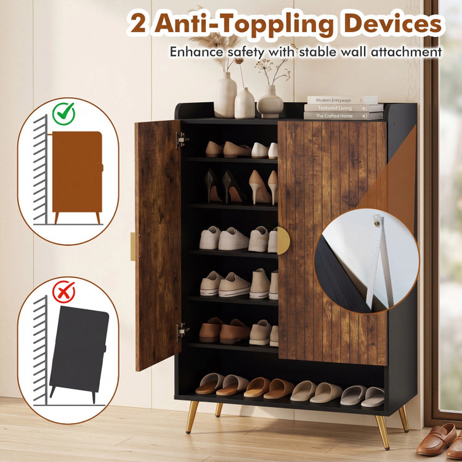 SUGIFT Rustic Brown 7-Tier Doors Adjustable Shelves 44 Inch Tall Shoe Storage Cabinet