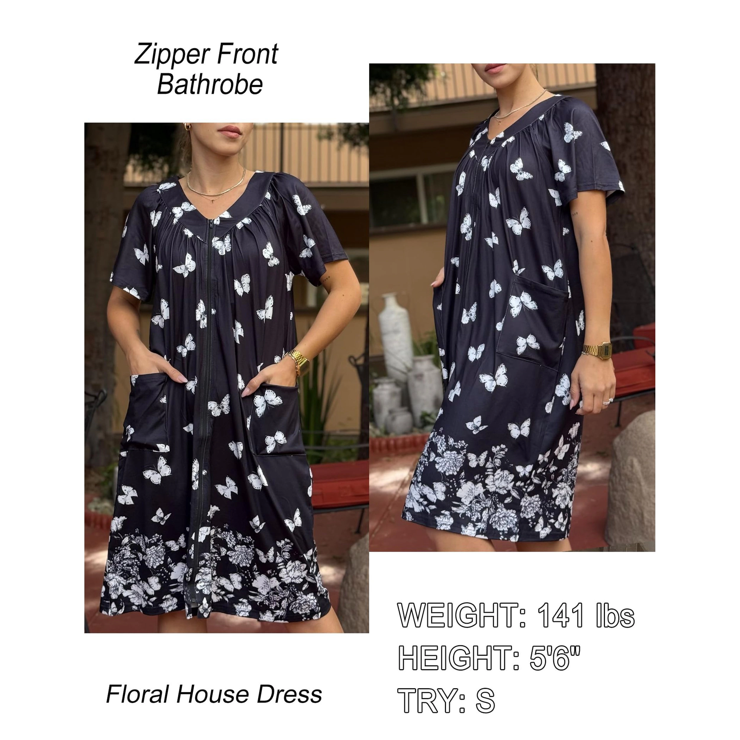 Ekouaer Womens Short Robe Zipper Front Mumu Duster Robes Zip Up Housecoat Soft Nightwear